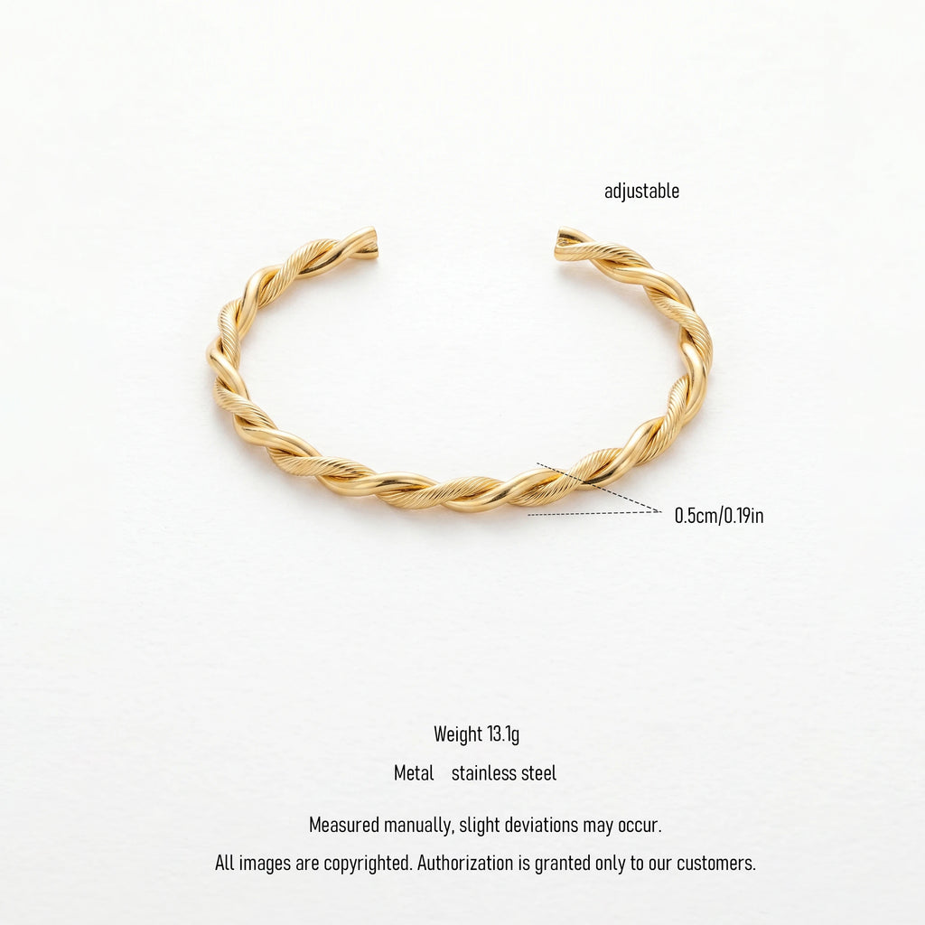 QIAOREN 12679 18K Gold Plated Stainless Steel Twisted Cuff Bracelet Adjustable Open Bangle Waterproof Tarnish Free WomenJewelry