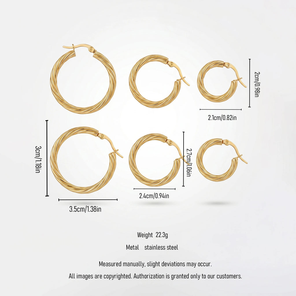 QIAOREN 12422Elegant Quiet Luxury Textured Screw Thread Hoops Gold Stainless Steel French Retro Twisted Cable Statement Earrings