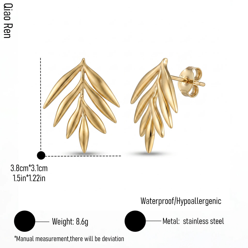 QIAOREN 14074 Olive Leaf Branch Stud Earrings, Multi Leaves Twig Ear Stud Jewelry Gift for Daily Fashion Outfits