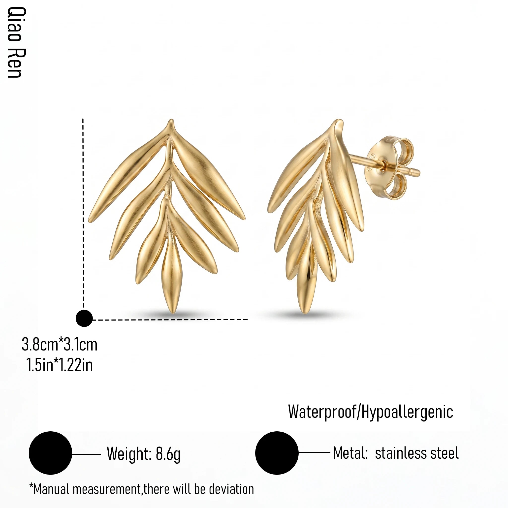QIAOREN 14074 Olive Leaf Branch Stud Earrings, Multi Leaves Twig Ear Stud Jewelry Gift for Daily Fashion Outfits