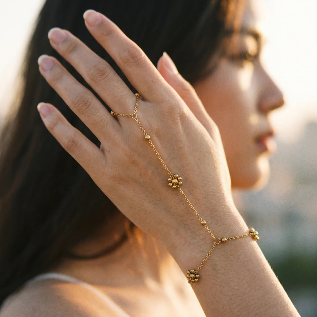 QIAOREN 10765 Gold Bead Flower Stainless Steel Hand Chain Bracelet  Slave Ring Bracelet for Women Party