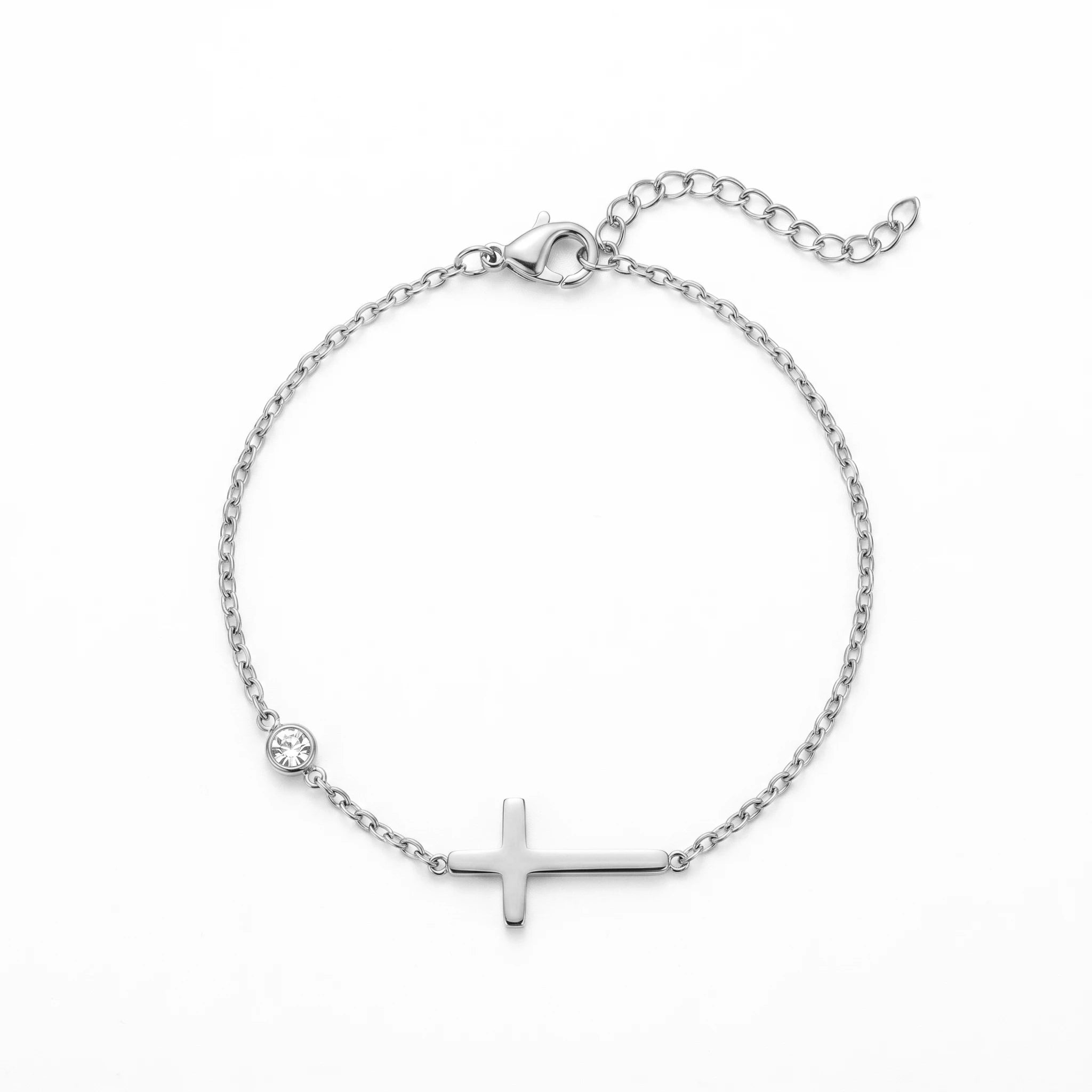 QIAOREN 10611 CZ Bezel Set Cross Charm Bracelet 18K Gold Plated Stainless Steel Waterproof Tarnish Free Jewelry for Women