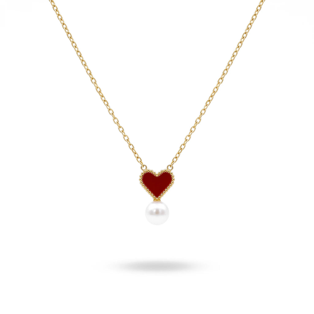 QIAOREN 13751 Thin Oval Link Chain Pendant Necklace with Beaded Border Red Enamel Heart Charm Hanging Single White Pearl