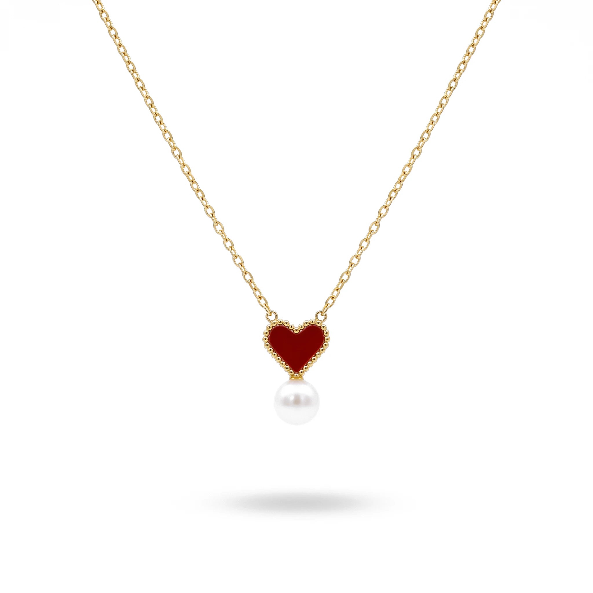 QIAOREN 13751 Thin Oval Link Chain Pendant Necklace with Beaded Border Red Enamel Heart Charm Hanging Single White Pearl
