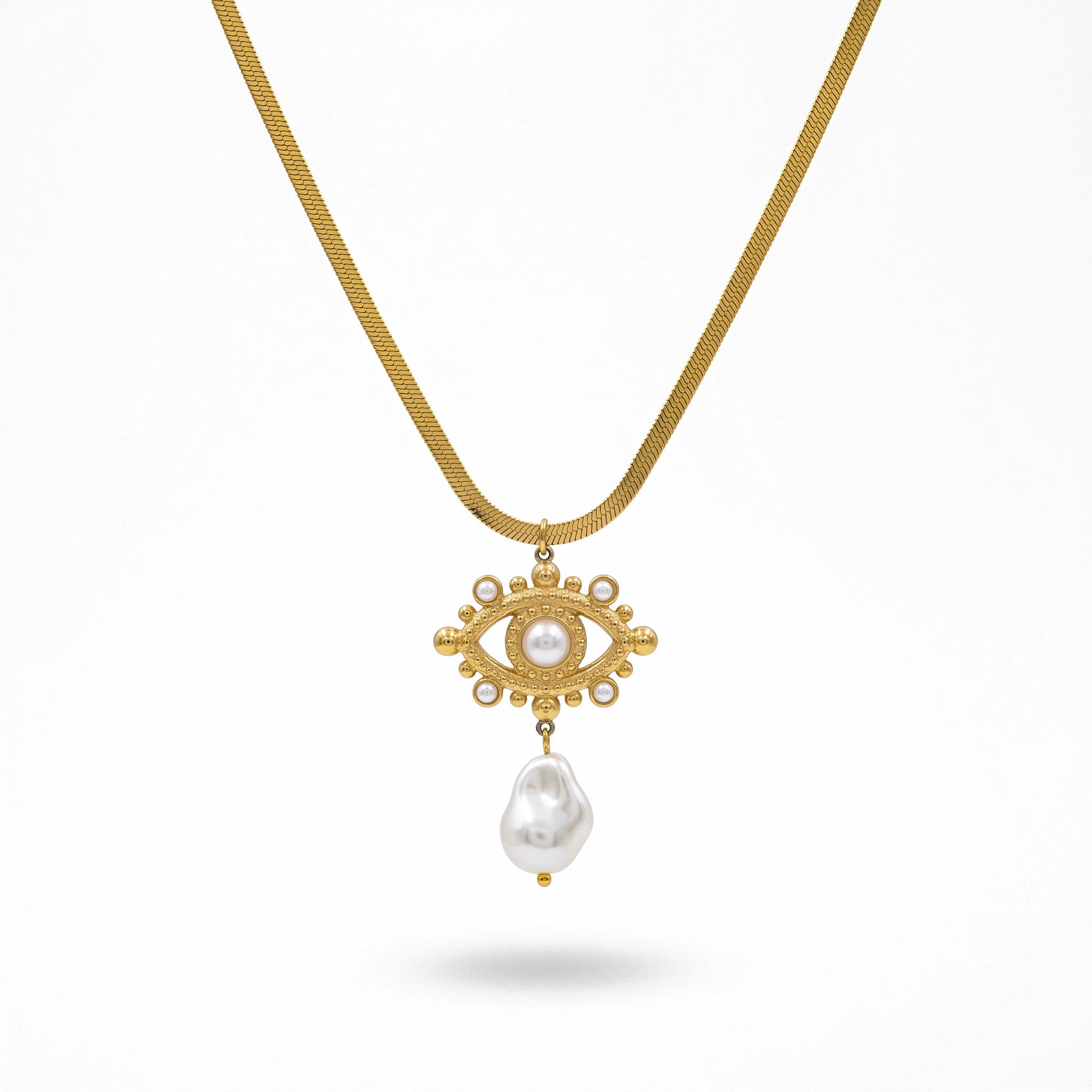 QIAOREN 13548 Stainless Steel Baroque Pearl Pendant Necklace Gold Herringbone Chain Vintage Statement Necklace for Women