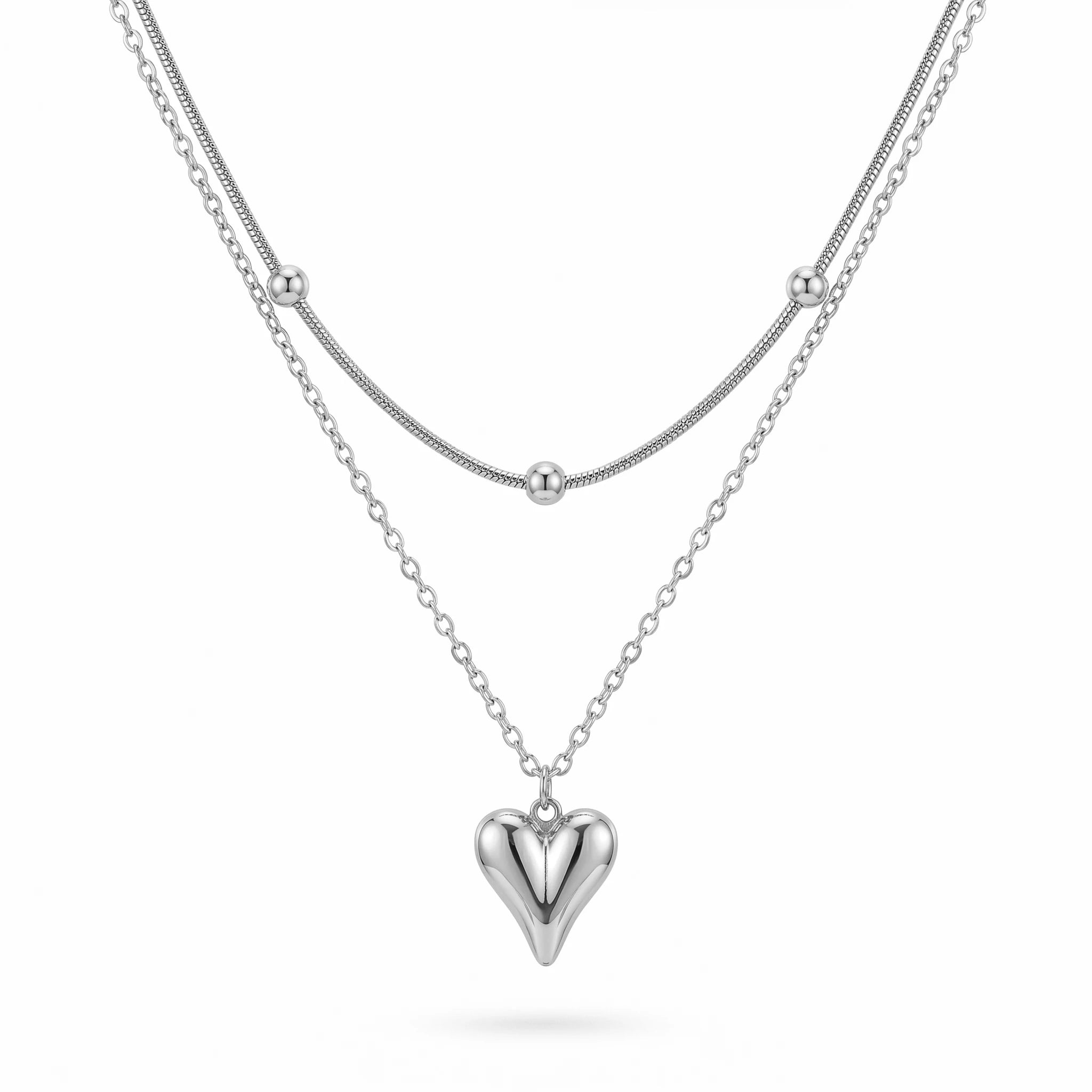 QIAOREN 11283 18K Gold Plated Layered Snake Chain Heart Pendant Necklace Stainless Steel Tarnish Free Waterproof Jewelry