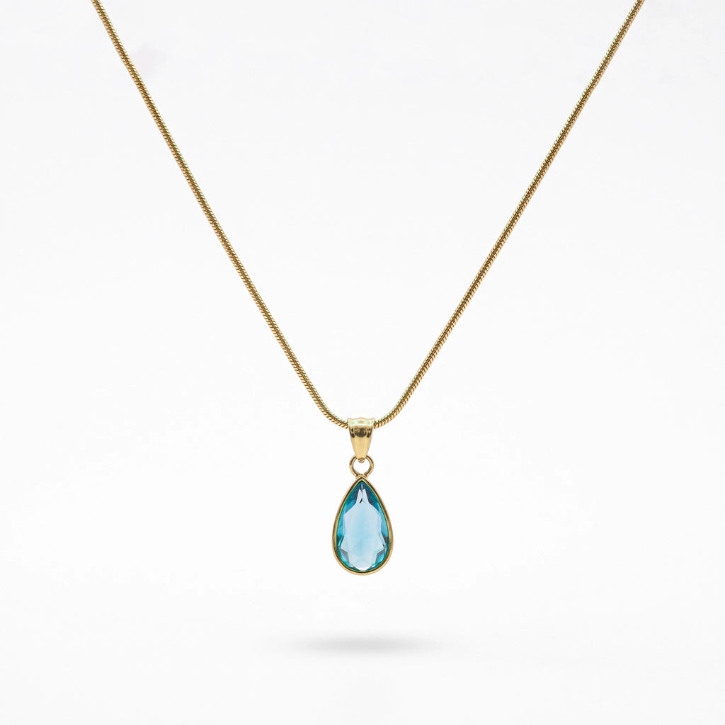 QIAOREN 13845-46 Stainless Steel Green Crystal Teardrop Necklace Waterproof Hypoallergenic Elegant Pendant for Women