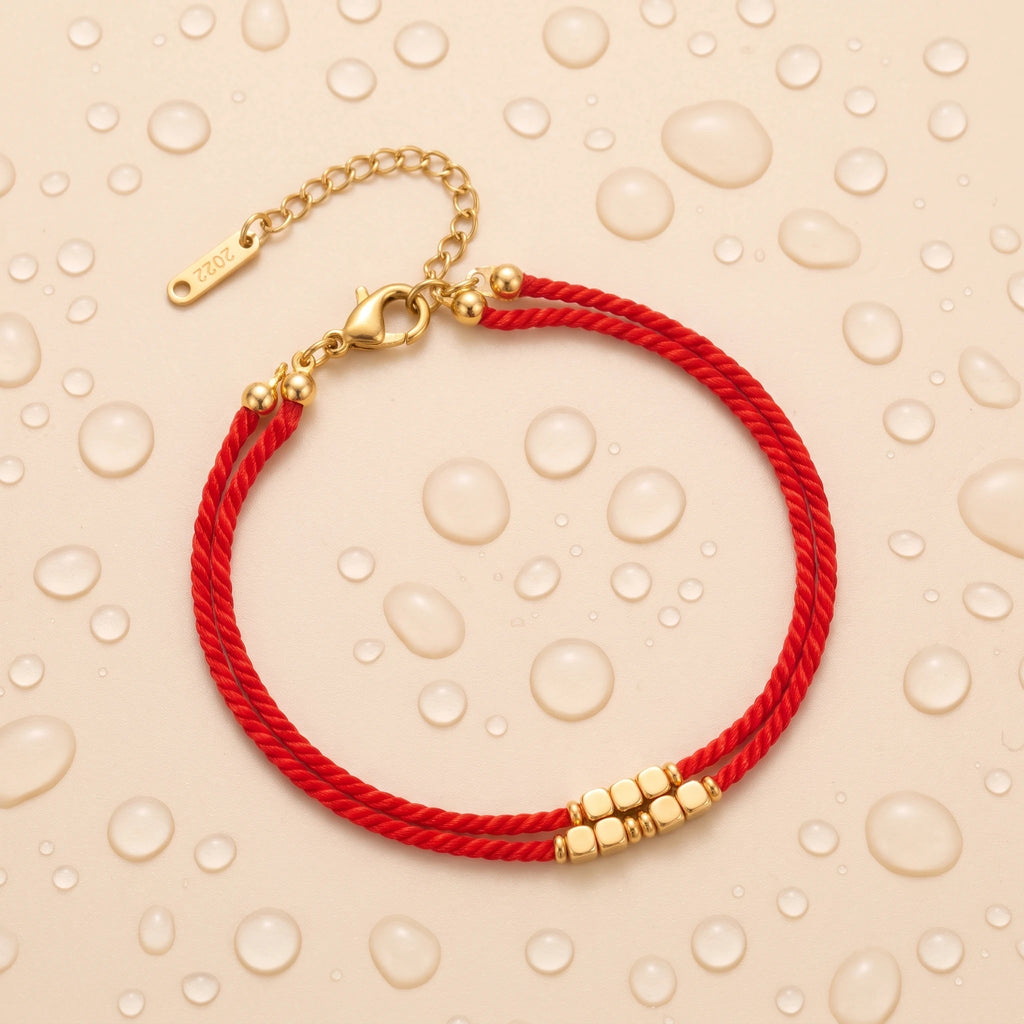 QIAOREN 13305 Lucky Double Red Cord Bracelet Gold Tiny Cube Beads Lobster Clasp Extension Chain Waterproof