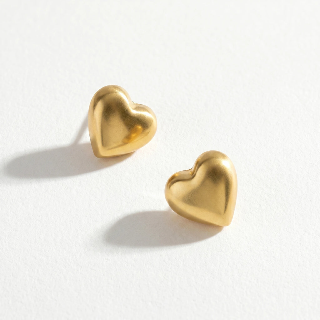 QIAOREN 11854 Chunky Balloon Heart Stud Earrings Gold Stainless Steel Smooth Puffy Love Heart Jewelry Gift for Women US Europe