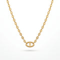 QIAOREN 13722  Oval Link Thin Chain Pendant Necklace with Hollow Single Square Buckle Charm, Matte Brush Gold Jewelry Gift