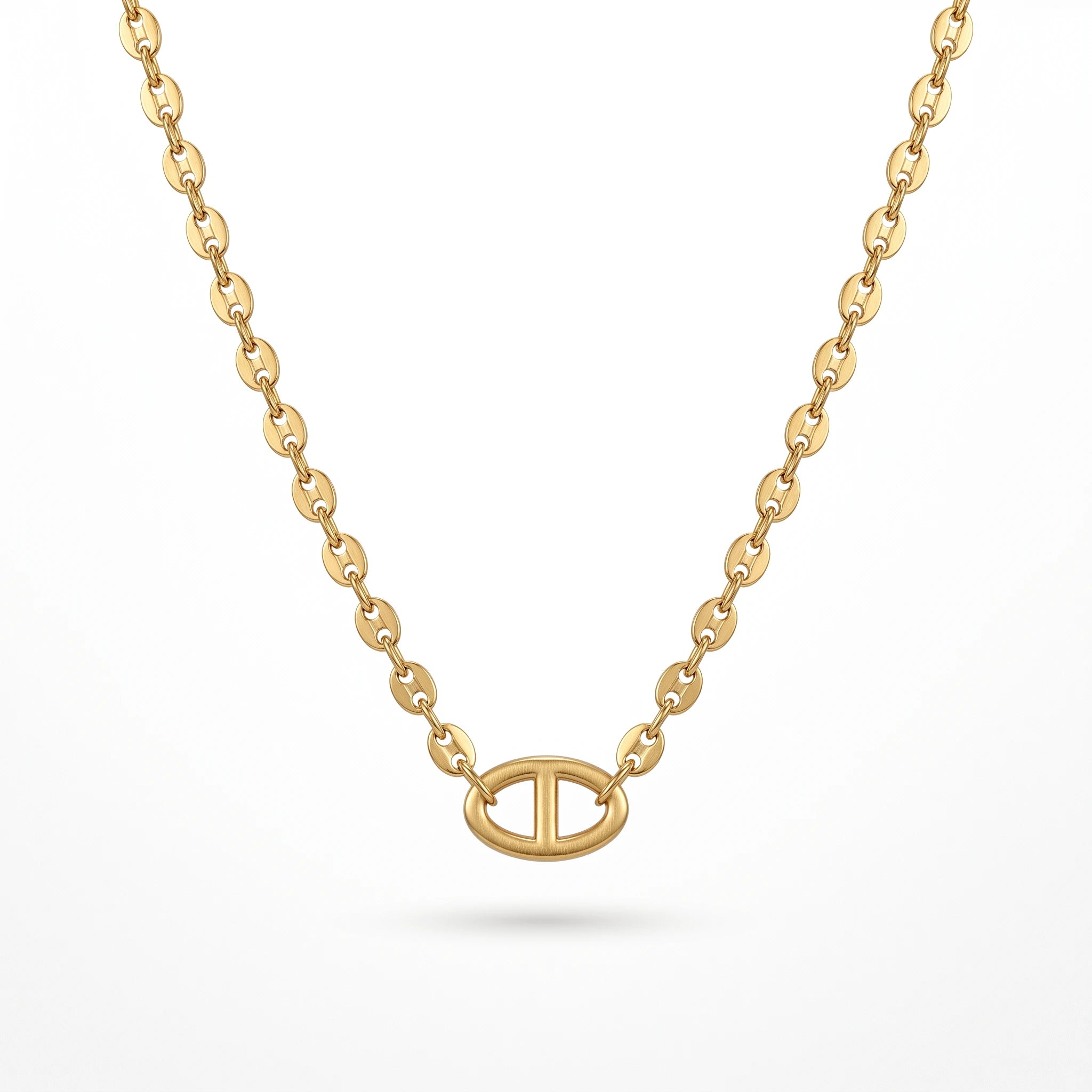 QIAOREN 13722  Oval Link Thin Chain Pendant Necklace with Hollow Single Square Buckle Charm, Matte Brush Gold Jewelry Gift
