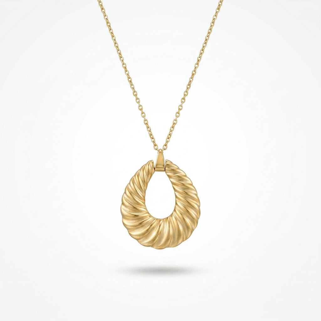 QIAOREN 12878 18K Gold Plated Ribbed Croissant Teardrop Necklace, Waterproof Tarnish Free Stainless Steel Statement Jewelry