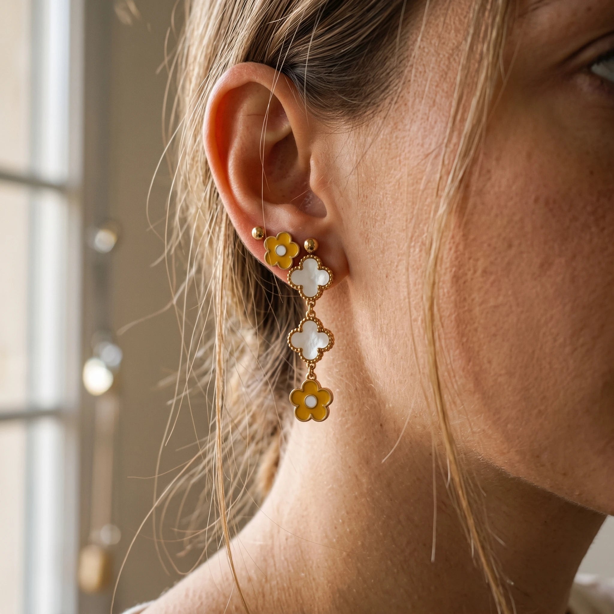 QIAOREN 14506 Stainless Steel Yellow Flower White Quartz Clover Tiny Ball Studs Multi Pack Daily Fashion Jewelry Gift