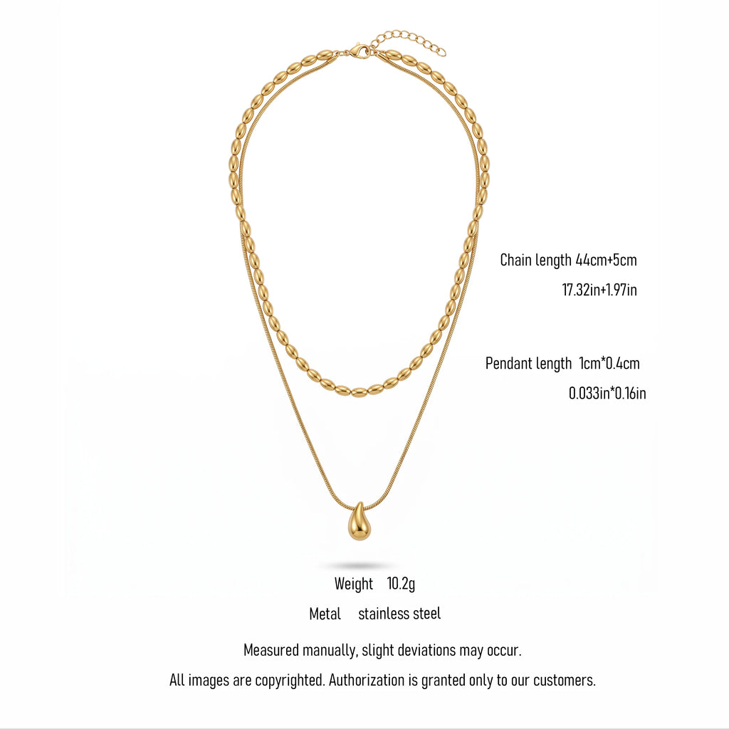 QIAOREN 11075 Stainless Steel Double Layer Necklace Rice Bead Snake Chain Teardrop Pendant Adjustable Gold Women Jewelry Gift