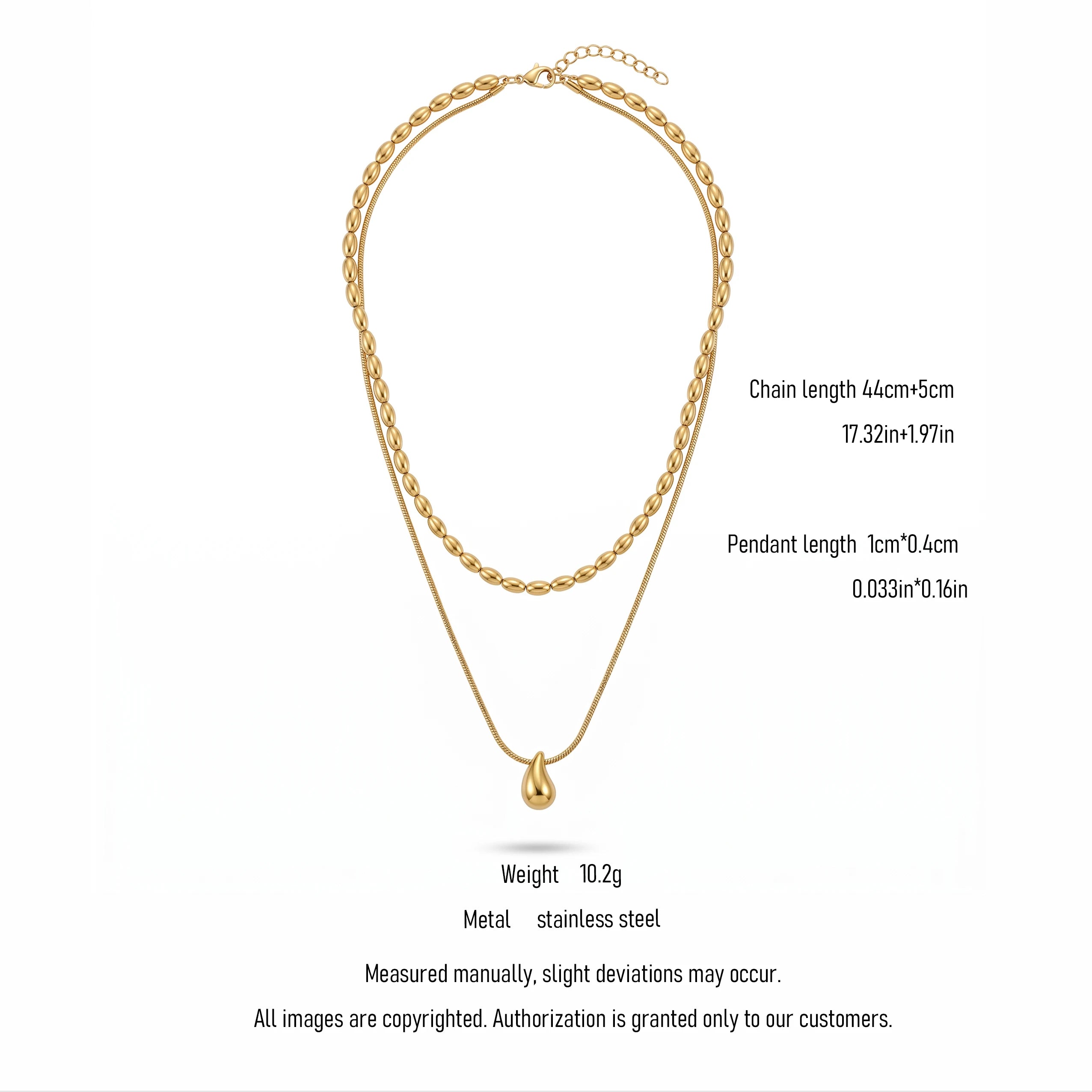QIAOREN 11075 Stainless Steel Double Layer Necklace Rice Bead Snake Chain Teardrop Pendant Adjustable Gold Women Jewelry Gift