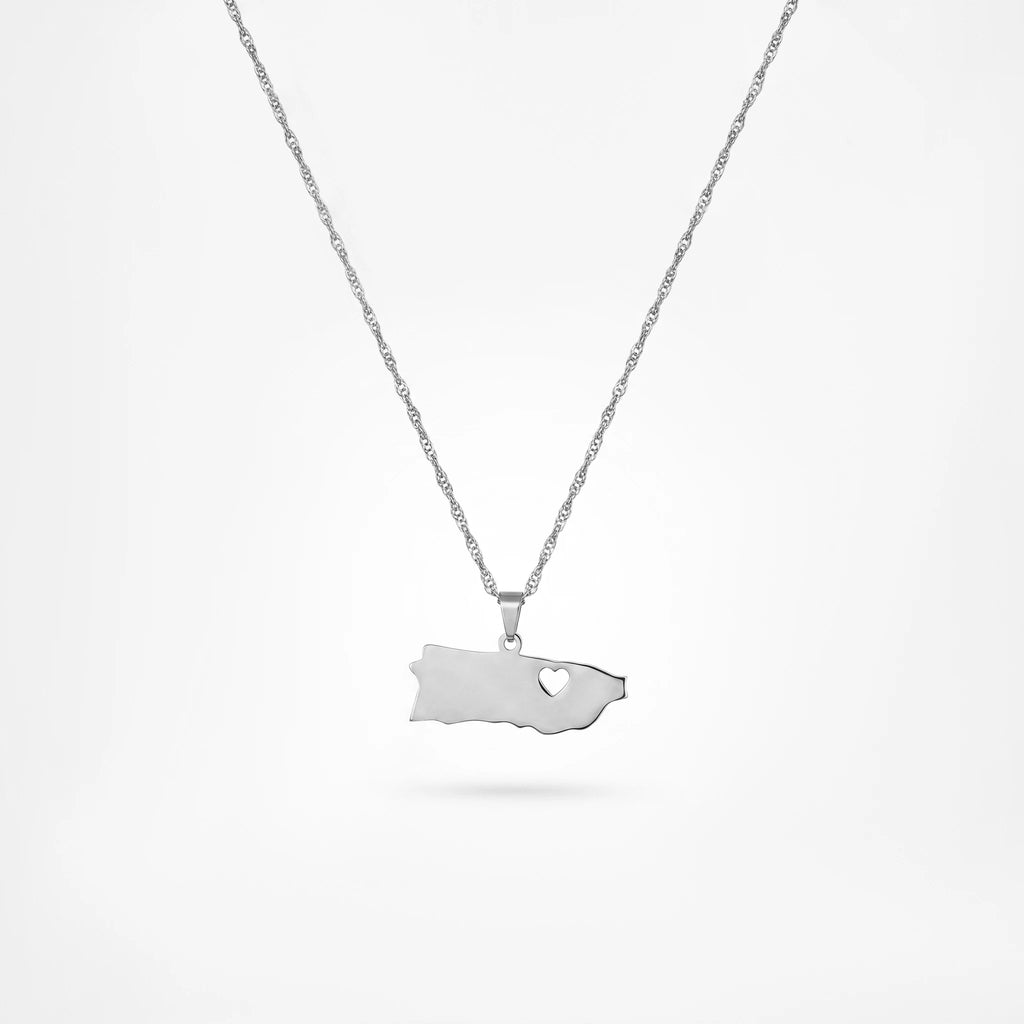 QIAOREN 12870 18KGoldPlated Puerto RicoMap Necklace StainlessSteel Island Heart Pendant Waterproof Tarnish Free Heritage Jewelry