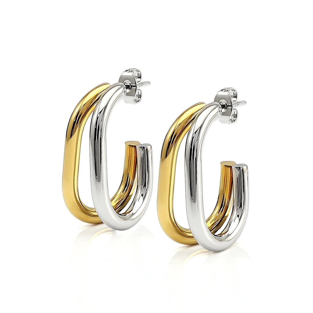 QIAOREN 12754 Minimalist Mixed Tone Double Layer Oval Earrings Stainless Steel Silver Gold Chunky Hoop Daily Jewelry