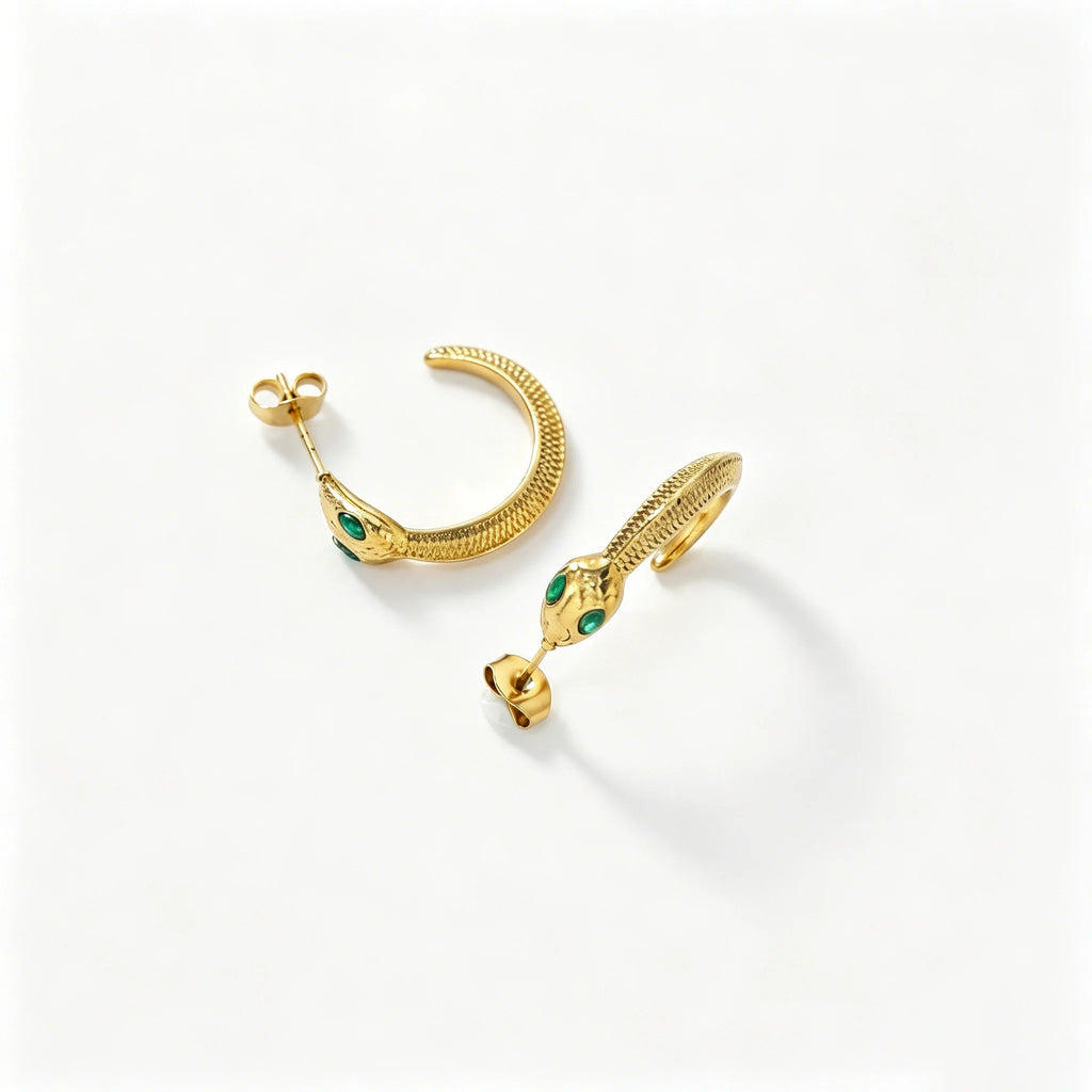 QIAOREN 12336 Gothic Geometric Snake Hoop Earrings 18K Gold Plated Stainless Steel Textured Scale Serpent C Hops Medusa Party