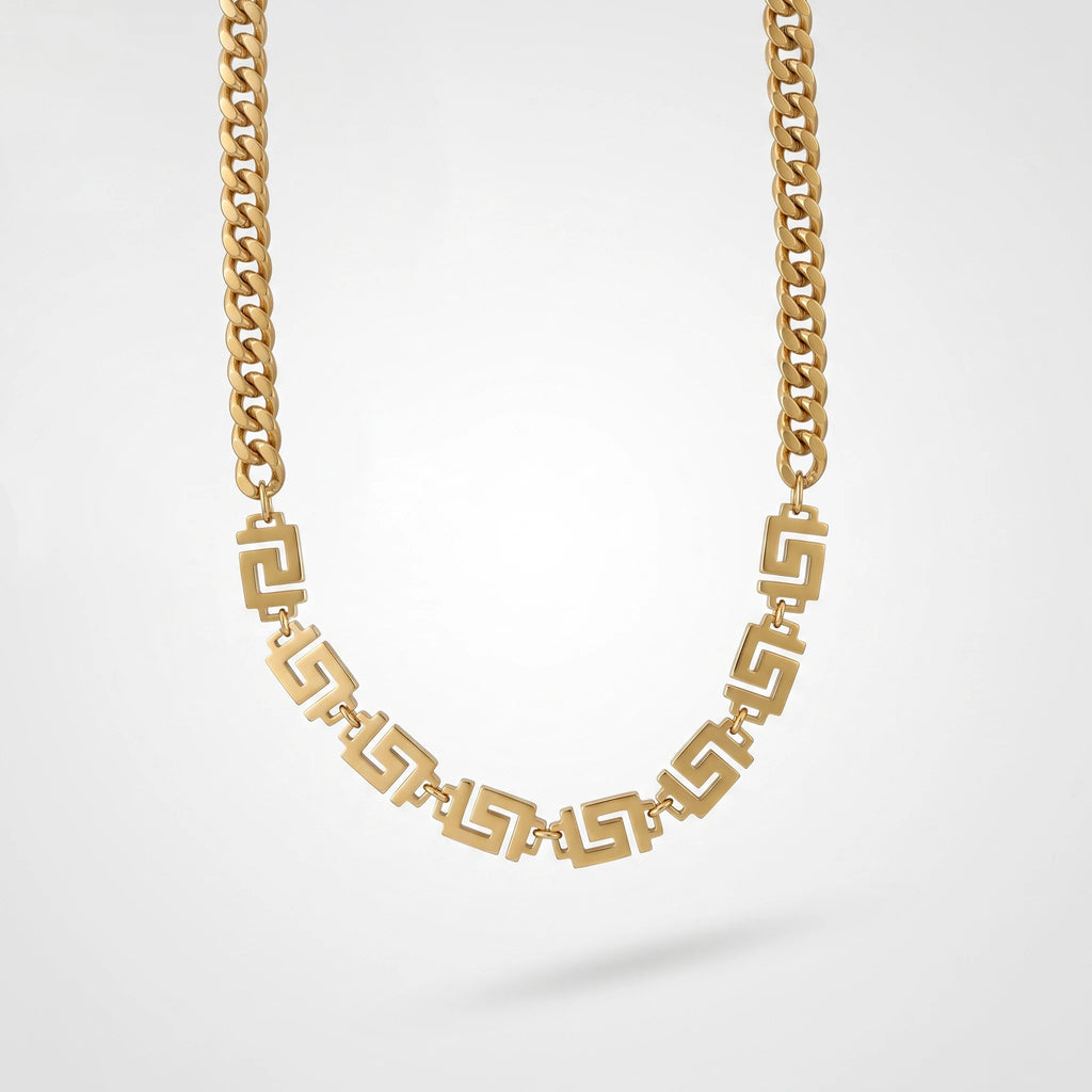 QIAOREN 13525 Mixed Chain Chunky Cuban & Greek Key Link Choker Necklace, Retro Geometric Pattern Gold Stack Neck Jewelry Gift