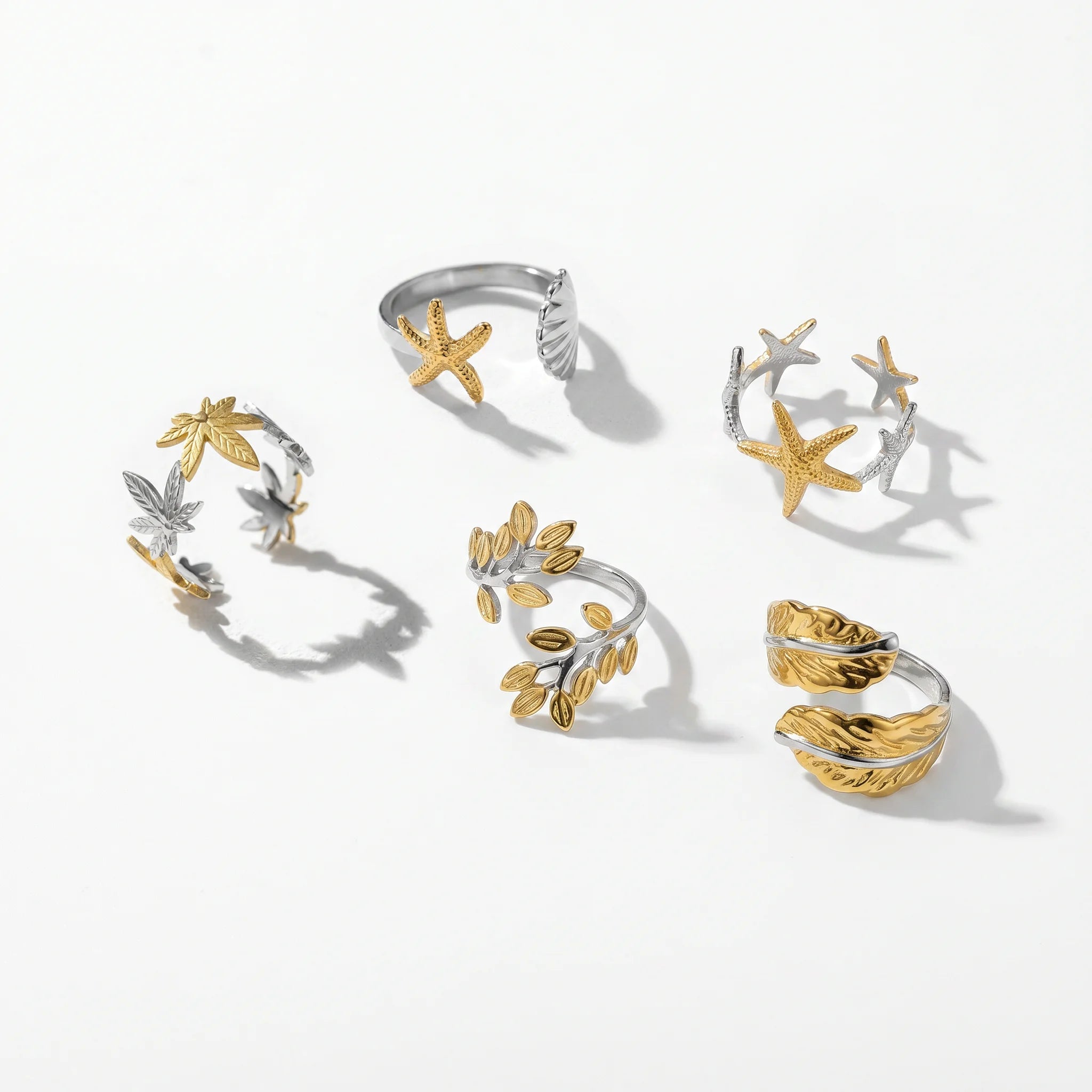 QIAOREN 12959-63 18K Gold Plated 316L Stainless Steel Two Tone Snake Star Adjustable Rings Set Tarnish Free Waterproof Jewelry