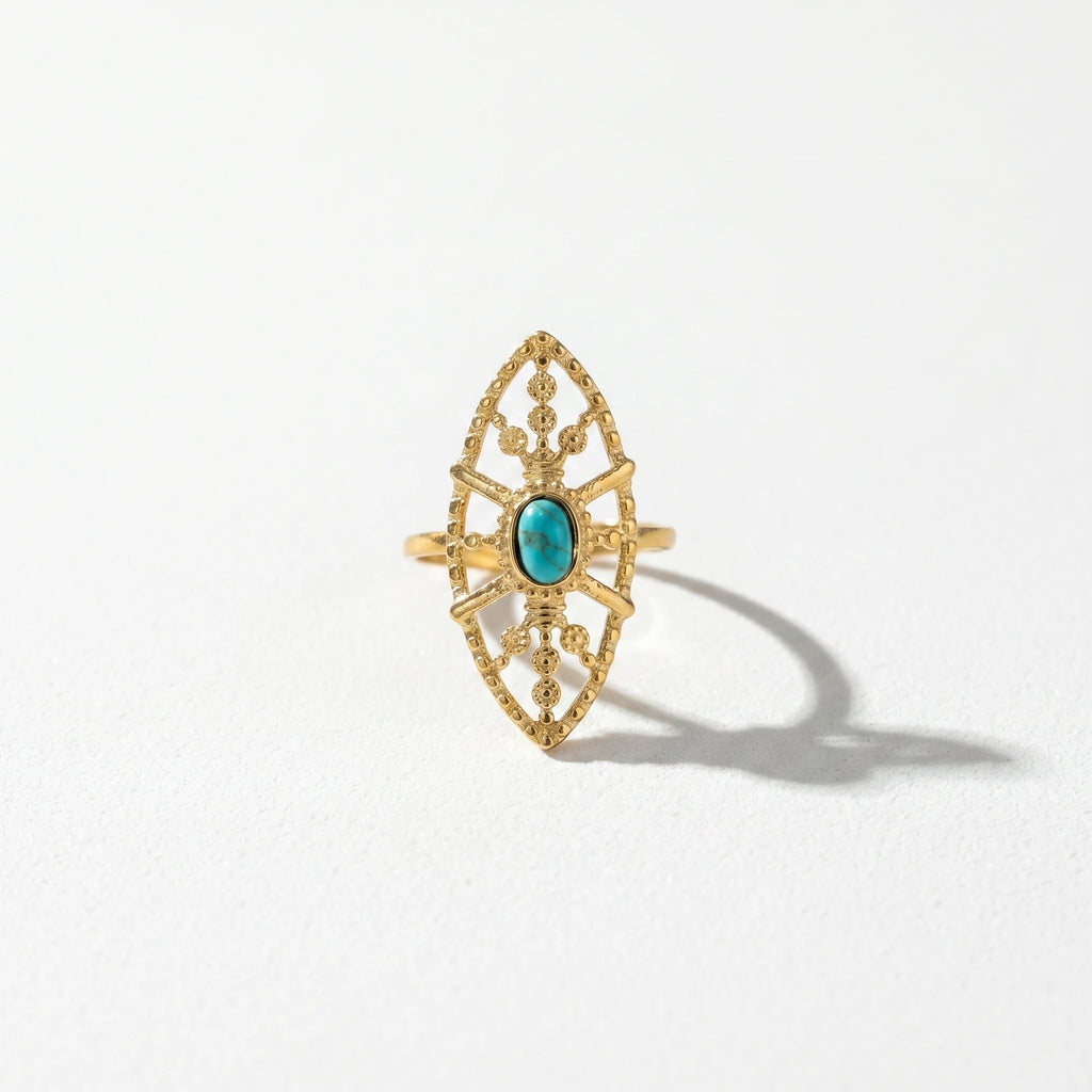 QIAOREN 13155-60 5Pcs Gold Turquoise Open Ring Set Boho Hollow Adjustable Stackable Stainless Steel Jewelry for Women