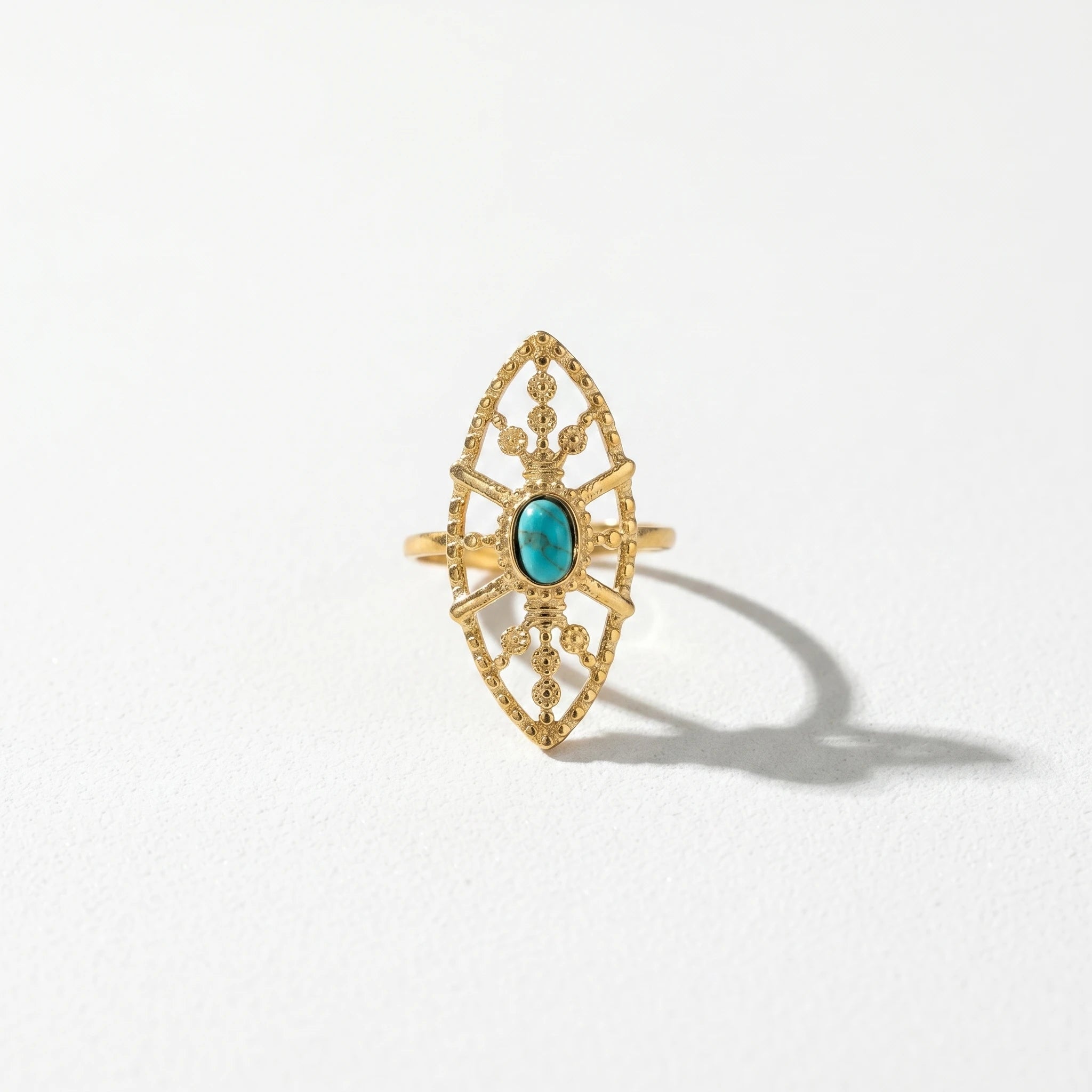 QIAOREN 13155-60 5Pcs Gold Turquoise Open Ring Set Boho Hollow Adjustable Stackable Stainless Steel Jewelry for Women