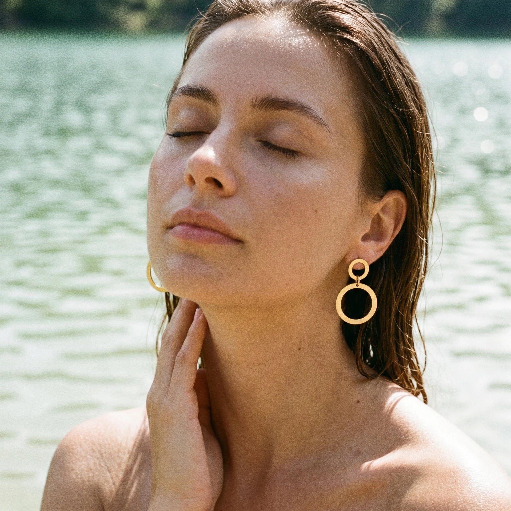 QIAOREN 11192 Chic Double Circle Stud Earrings Waterproof Stainless Steel Gold Earrings European Style Jewelry
