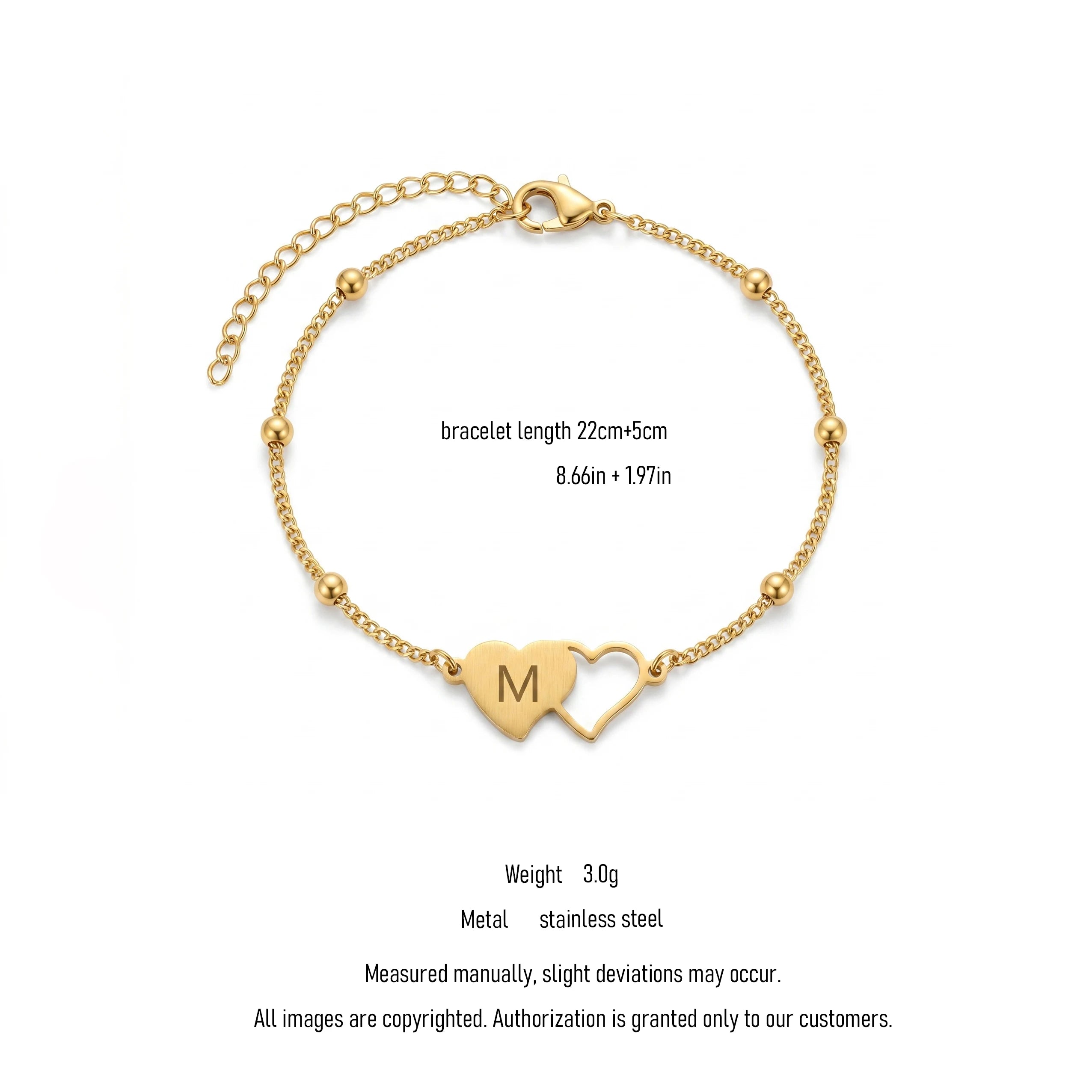 QIAOREN 10731 Stainless Steel M Heart-to-Heart Charm Bracelet Trendy 18K Gold Finish Waterproof Adjustable Unisex Chain & Link