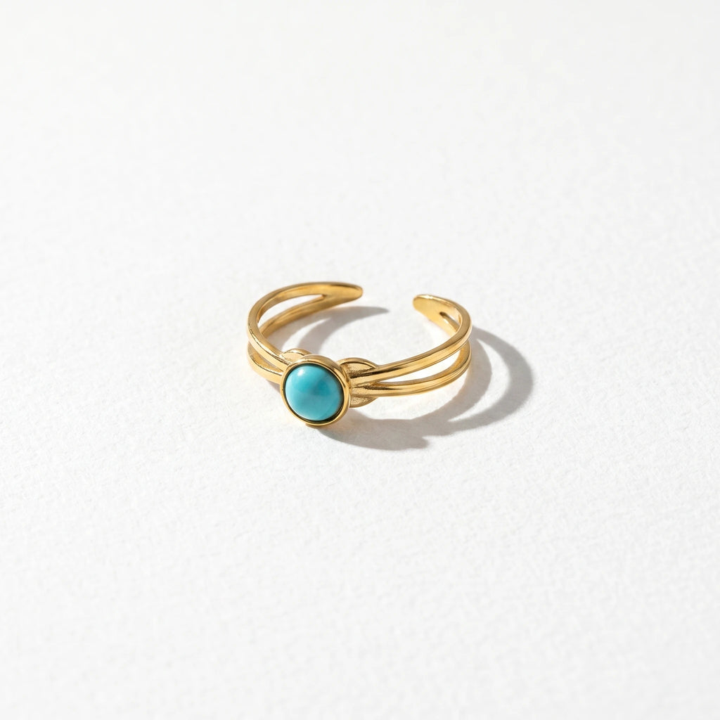 QIAOREN  5Pcs Gold Stainless Steel Turquoise Open Ring Set Irregular Hammered Crown Adjustable Boho Stackable Rings