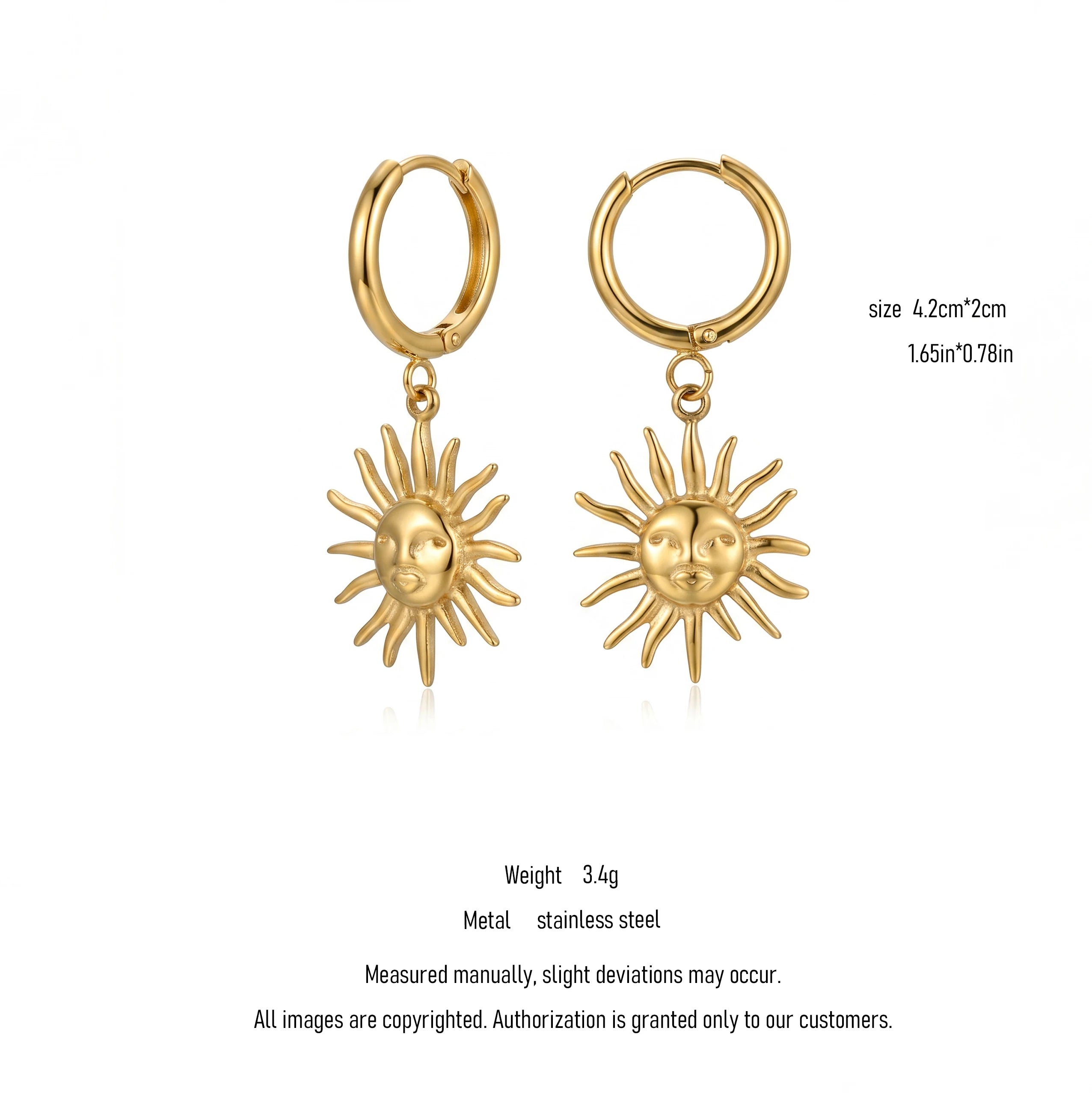 QIAOREN 10969 High Quality Sun Charm Drop Hoops, Stainless Steel 18K Gold Plated Tarnish Resistant Fashion Earrings