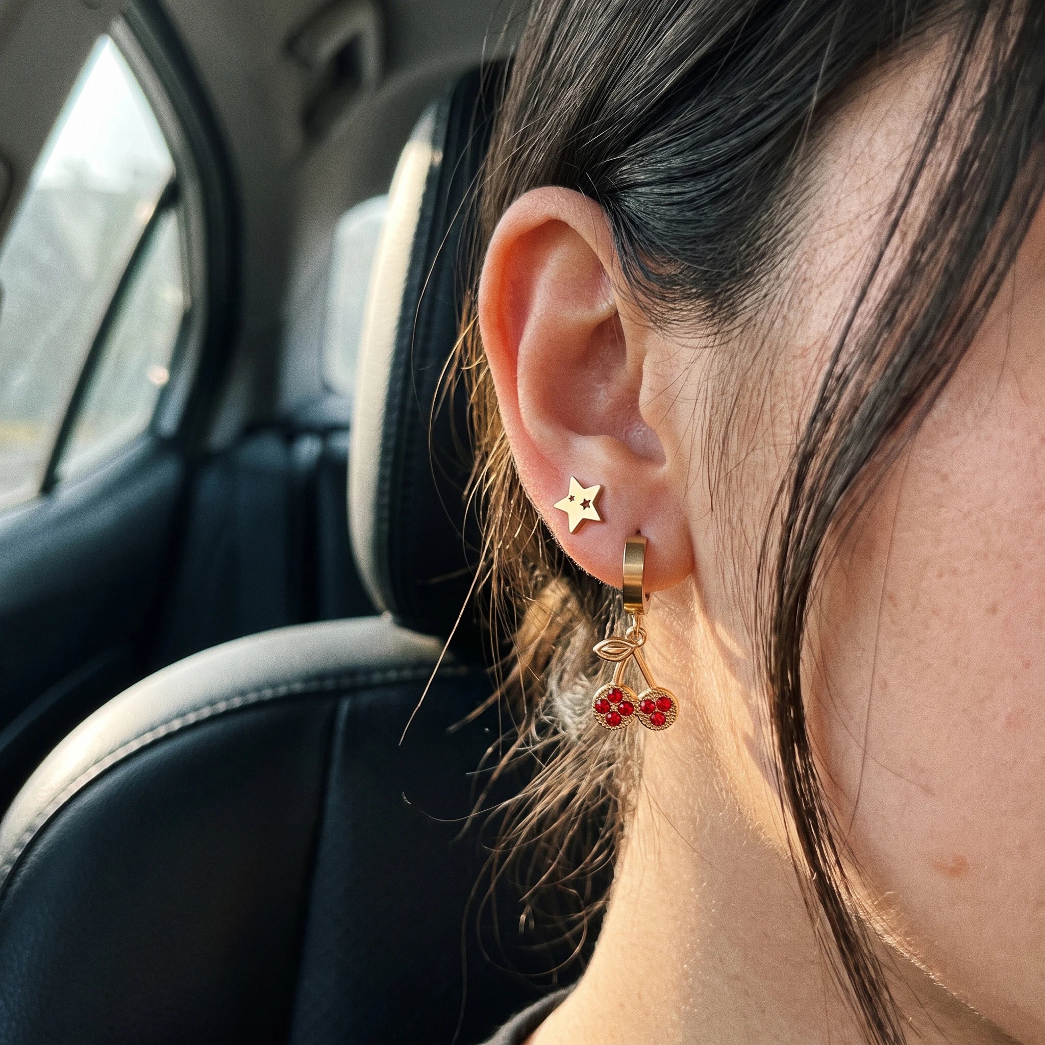 QIAOREN 14526 Waterproof Stainless Steel Earrings Set Cherry Hoop Stud Earrings Star CZ Crystal Jewelry for Women