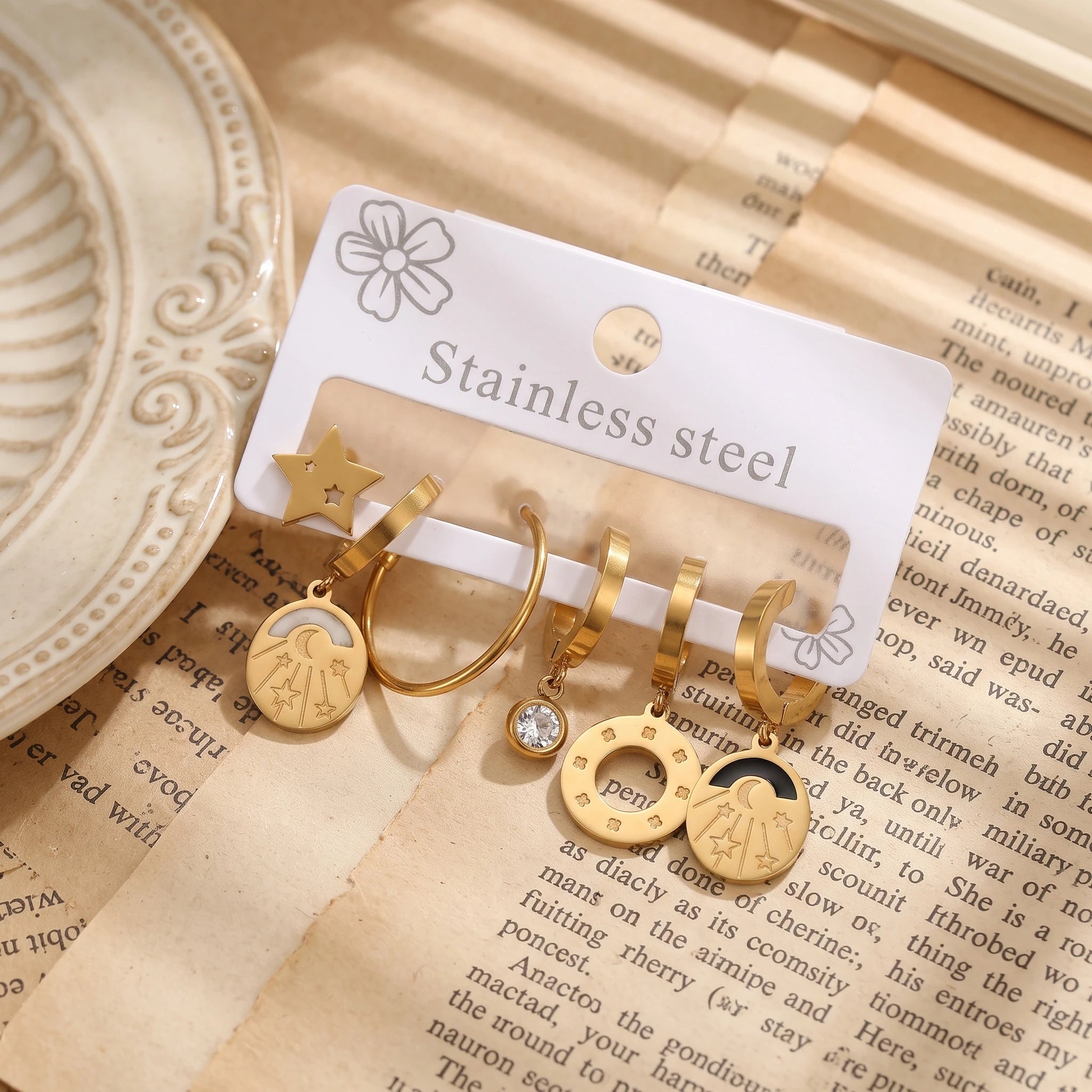 QIAOREN 14504 Stainless Steel Star Moon Meteor Enamel Charm Multi Pack Dangle Earrings Fashion Jewelry Gift for Women
