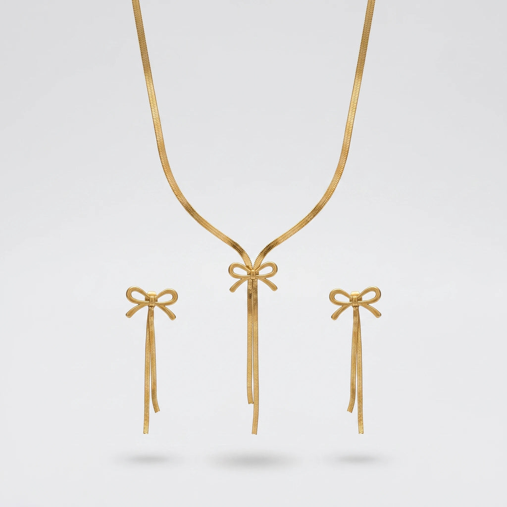 QIAOREN 10544 Matte 18K Gold Plated Stainless Steel Oval Link Chain Necklace and Earrings Set Waterproof Tarnish Free Jewelry