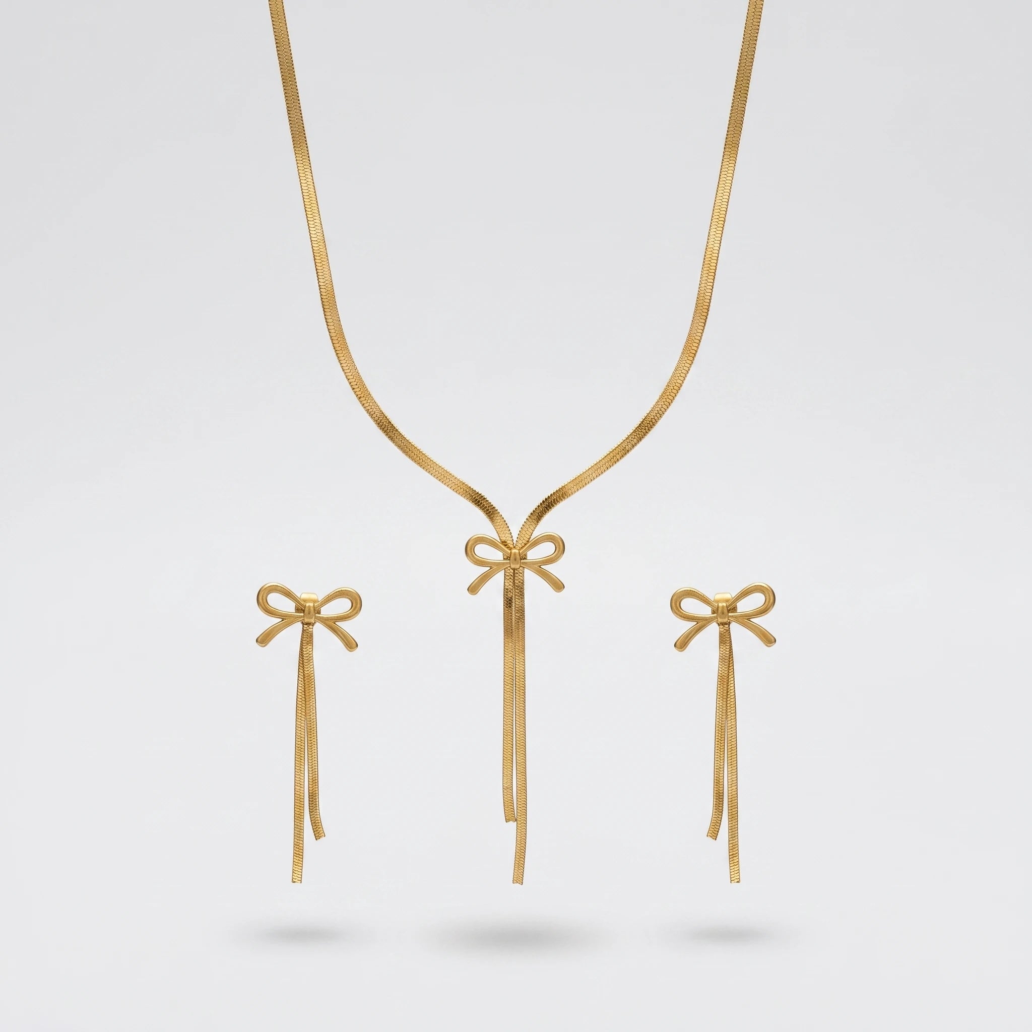 QIAOREN 10544 Matte 18K Gold Plated Stainless Steel Oval Link Chain Necklace and Earrings Set Waterproof Tarnish Free Jewelry