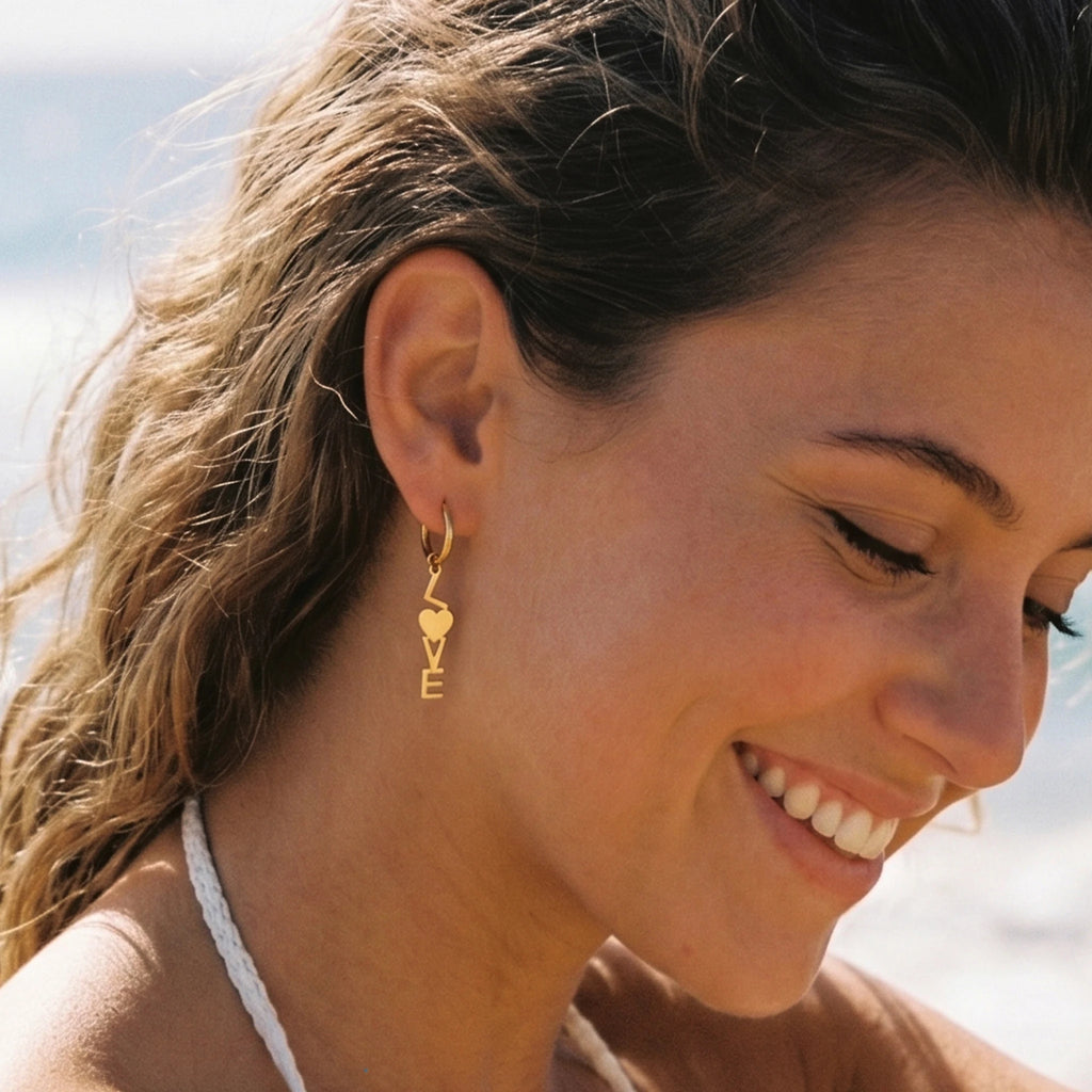 QIAOREN 11870  Gold LOVE Letter Huggie Hoop Earrings Stainless Steel Heart Initial Dangle Earrings Valentine Gift for Women US