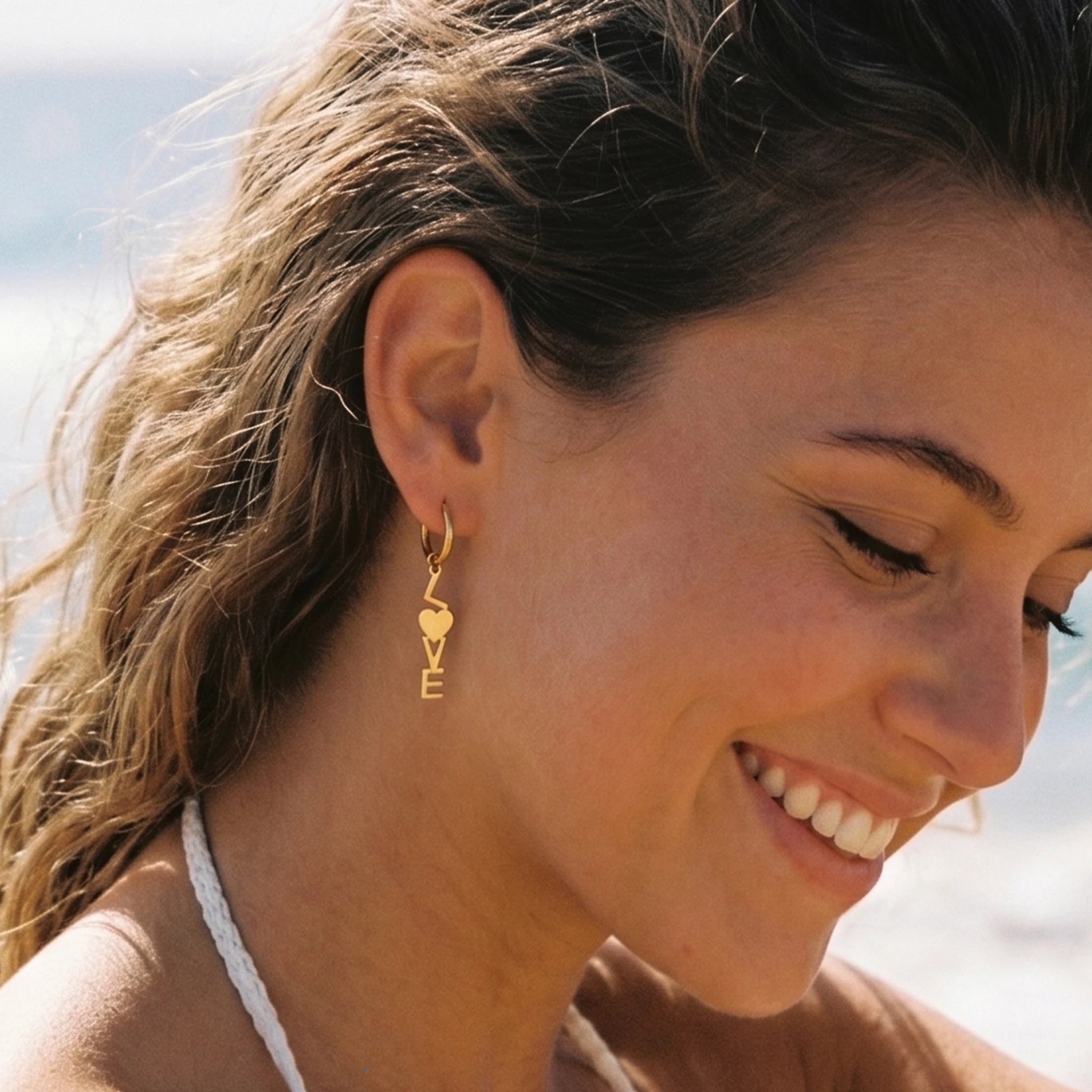 QIAOREN 11870  Gold LOVE Letter Huggie Hoop Earrings Stainless Steel Heart Initial Dangle Earrings Valentine Gift for Women US