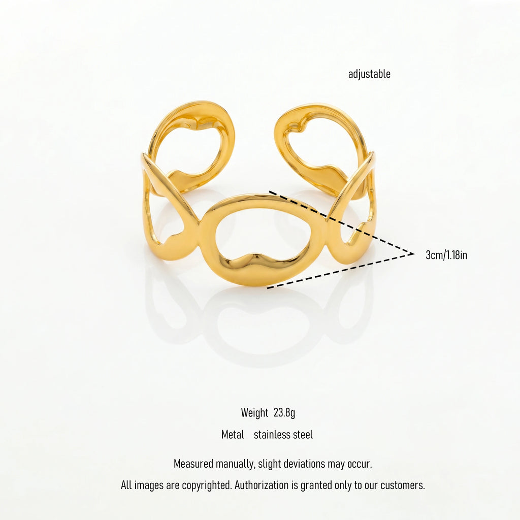 QIAOREN 12702 18K Gold Polished Irregular Linked Oval Hollow Wide Open Cuff Bracelet Stainless Steel Abstract Loop Adjustable