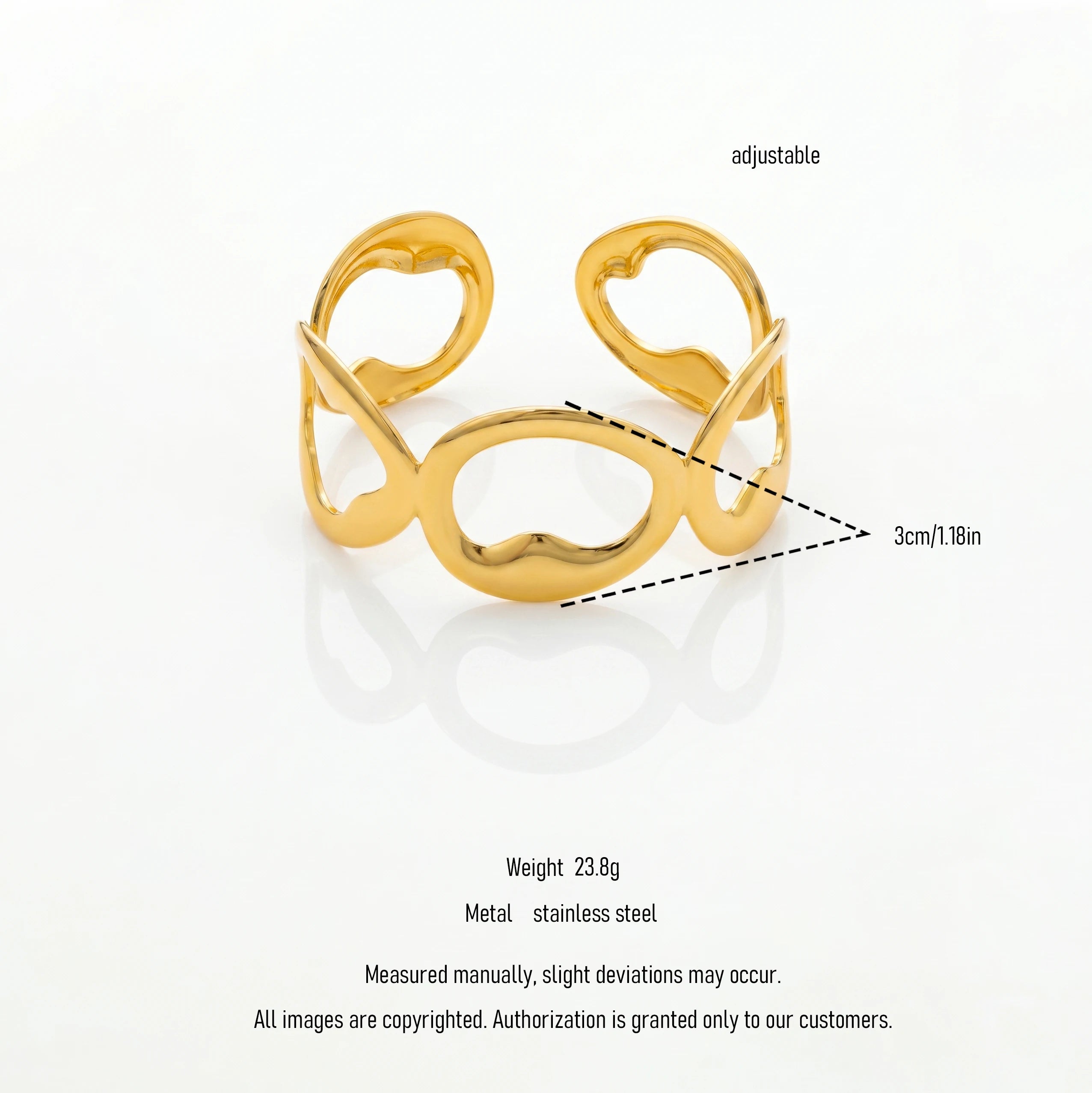 QIAOREN 12702 18K Gold Polished Irregular Linked Oval Hollow Wide Open Cuff Bracelet Stainless Steel Abstract Loop Adjustable