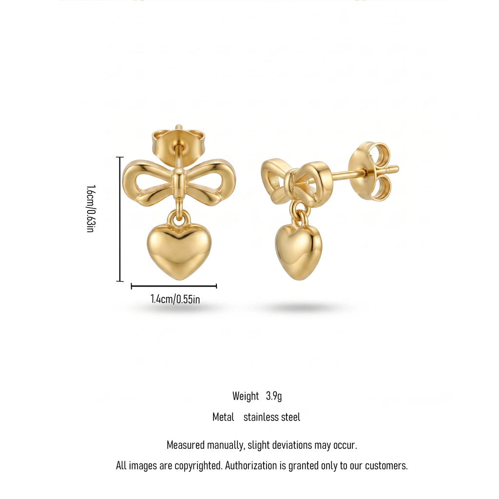 QIAOREN 13571 Gold Stainless Steel Bow Heart Stud Earrings Cute Drop Dangle Earrings Feminine Fashion Jewelry for Women