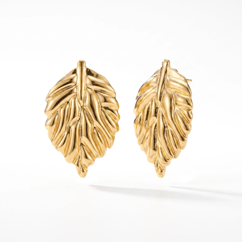 QIAOREN 14556 Stainless Steel Leaf Stud Earrings Gold Tone Nature Inspired Earrings Waterproof Hypoallergenic Jewelry