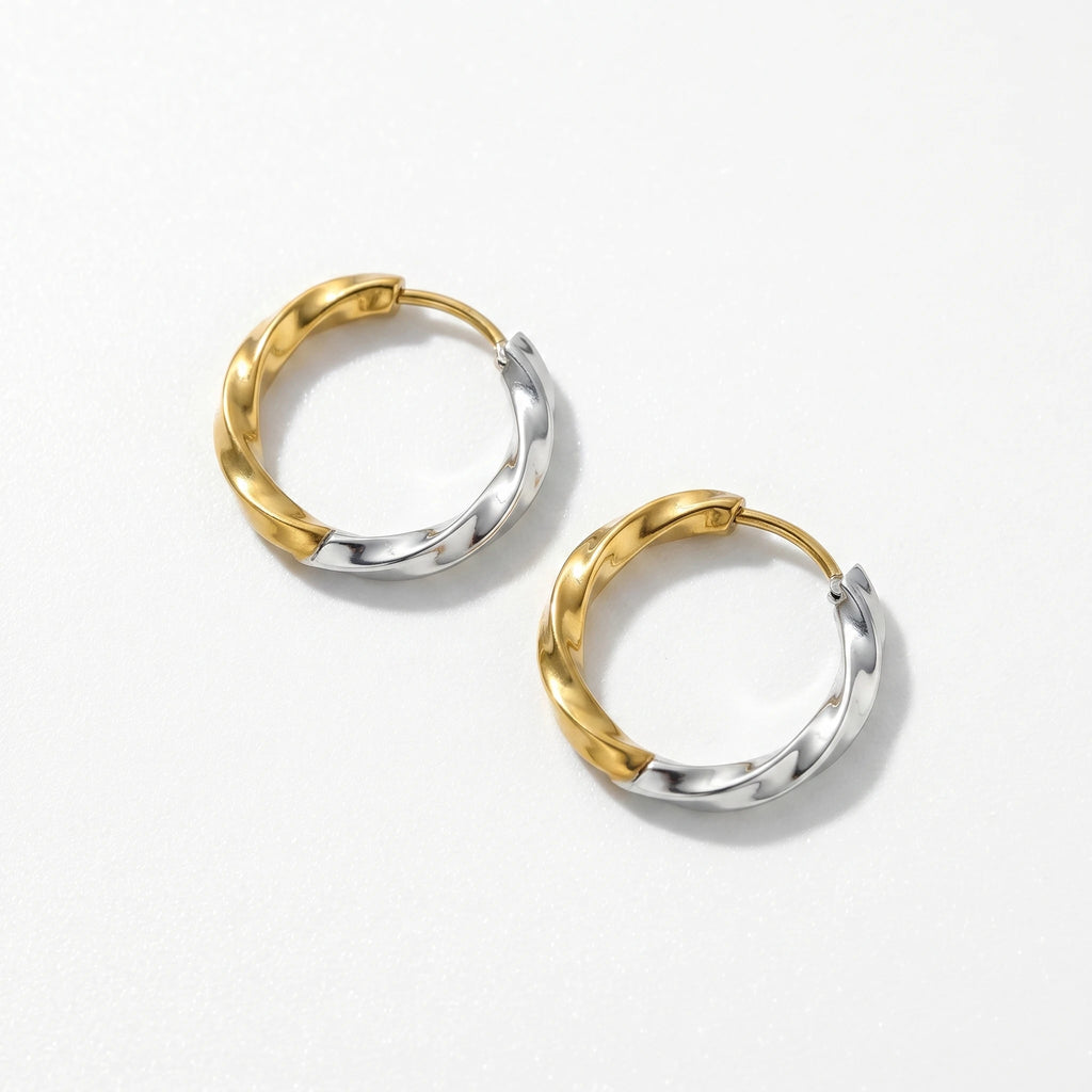 QIAOREN 12755 Stainless Steel Two Tone Twisted Hoop Earrings Silver Gold Mixed Metal Small Huggie Ear Jewelry for Women