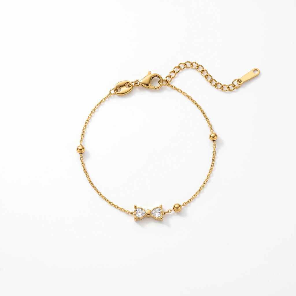 QIAOREN 13360 Gold Plated Stainless Steel CZ Bow Bracelet Dainty Minimalist Chain Jewelry for Women