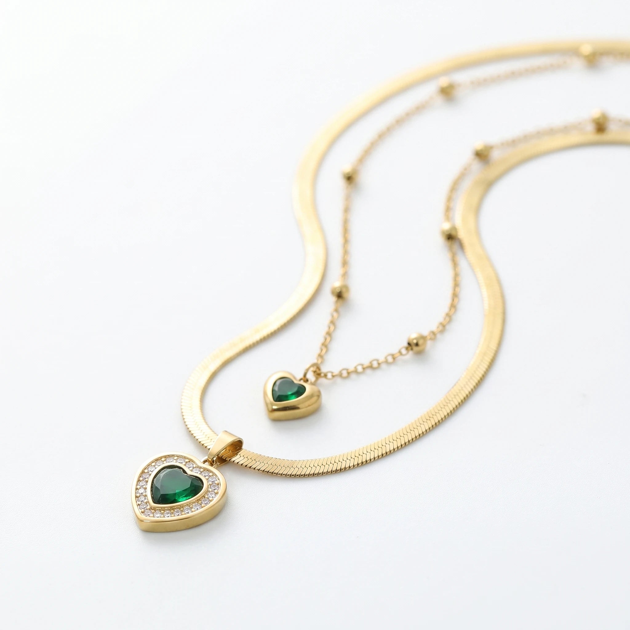 QIAOREN 13527 Double Layer Green Heart Pendant Stack Necklace with Flat Snake & Beaded Cable Chain, Small & Large Emerald Zircon