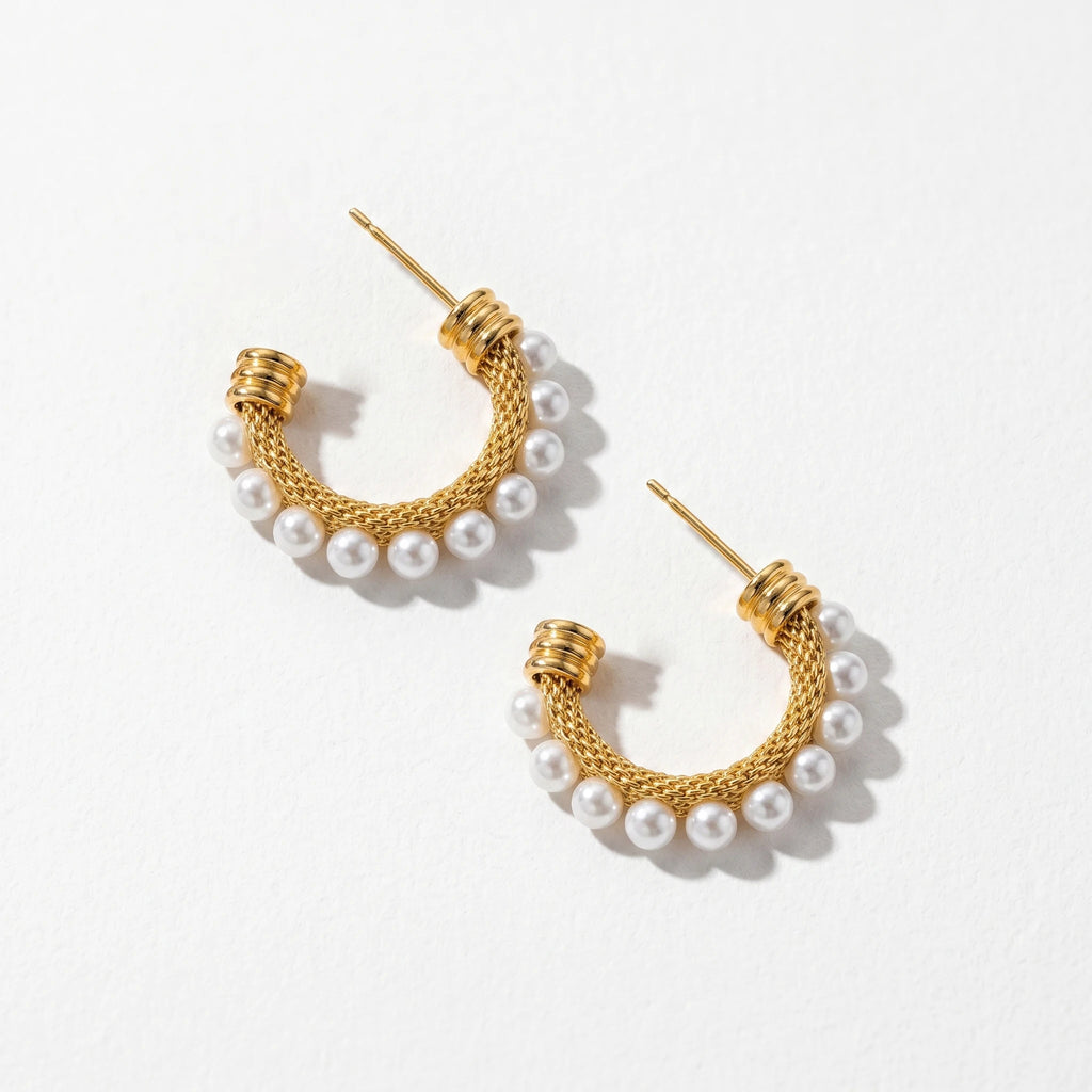 QIAOREN 12396 French Retro Woven Mesh Pearl C Hoop Earrings Gold Stainless Steel Knitted Cable Textured Open Hoops Women US EU