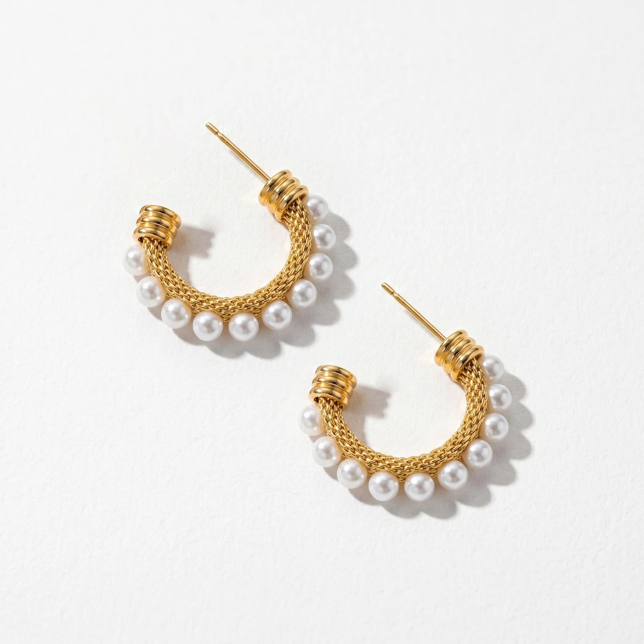 QIAOREN 12396 French Retro Woven Mesh Pearl C Hoop Earrings Gold Stainless Steel Knitted Cable Textured Open Hoops Women US EU