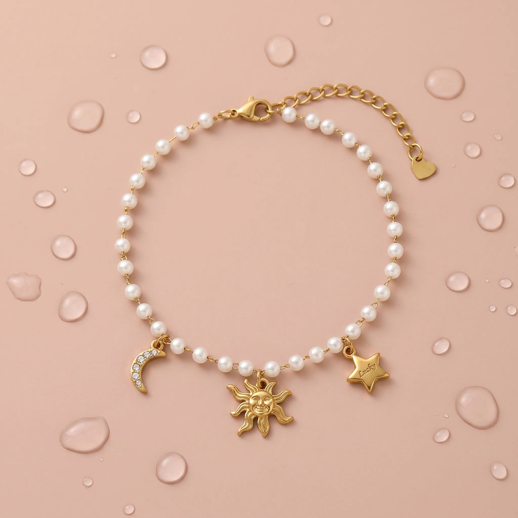QIAOREN 13312 Celestial Charm Pearl Anklet Stainless Steel Carved Sun Crystal Moon Lucky Star Pendant Lobster Clasp