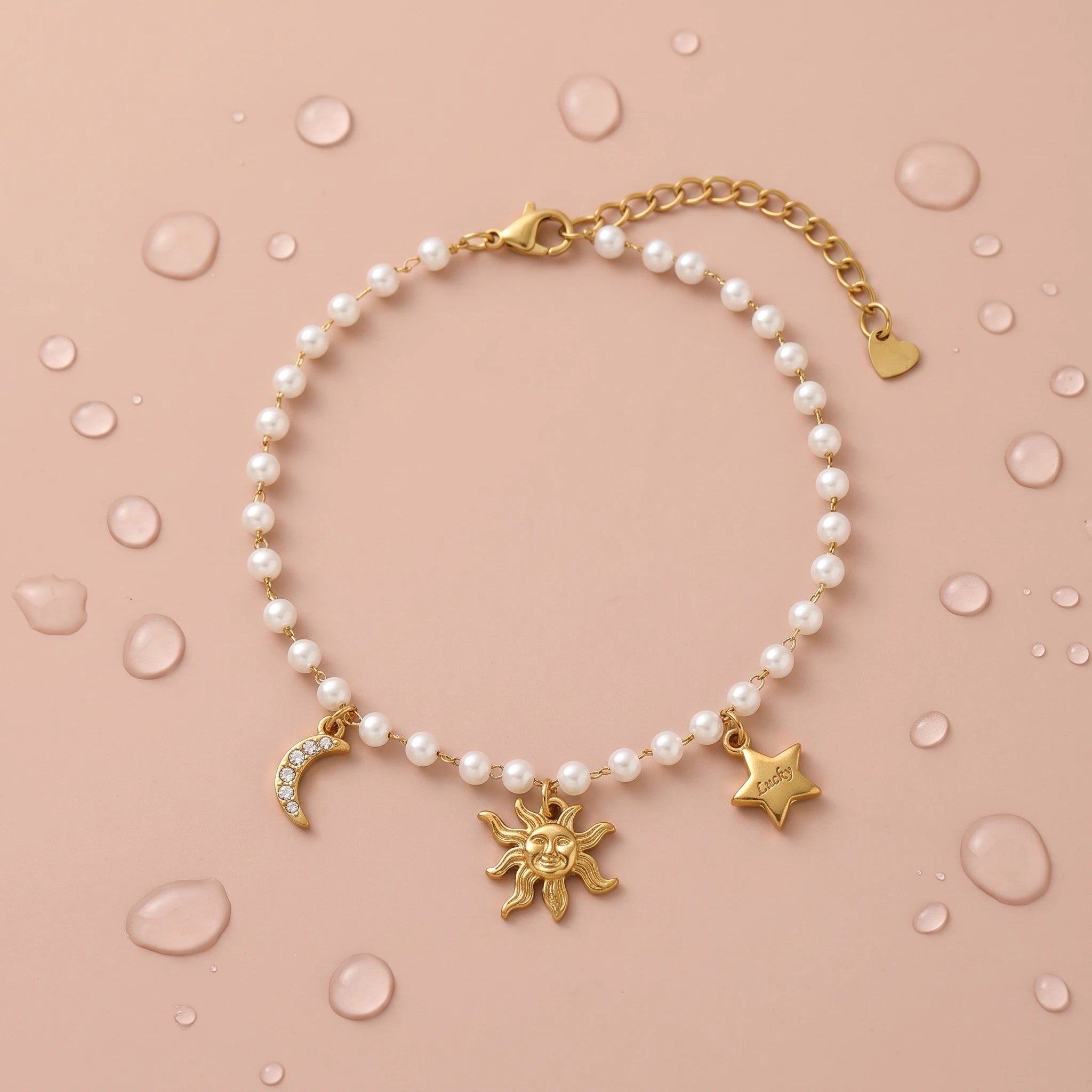QIAOREN 13312 Celestial Charm Pearl Anklet Stainless Steel Carved Sun Crystal Moon Lucky Star Pendant Lobster Clasp