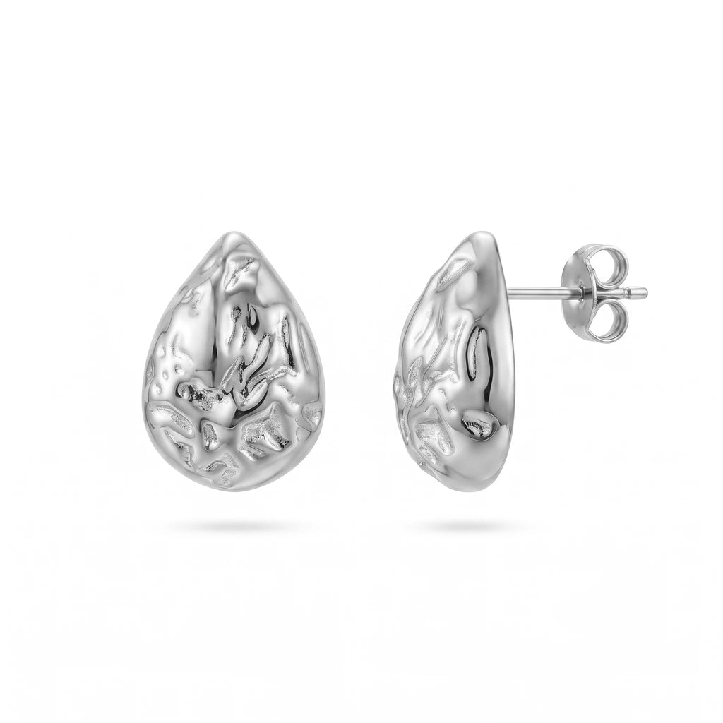QIAOREN 14019 Polished Gold Hammered Textured Teardrop Stud Earrings, Irregular Crinkle Surface Water Drop Ear Stud Jewelry Gift
