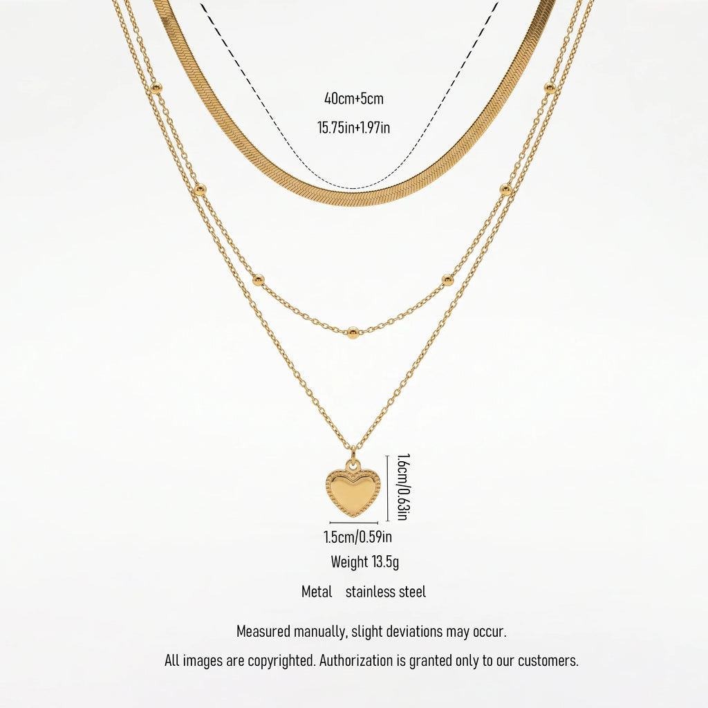 QIAOREN 12852 18K Gold Plated Layered Heart Necklace, Herringbone Snake Chain Beaded Pendant, Waterproof Stainless Steel Jewelry