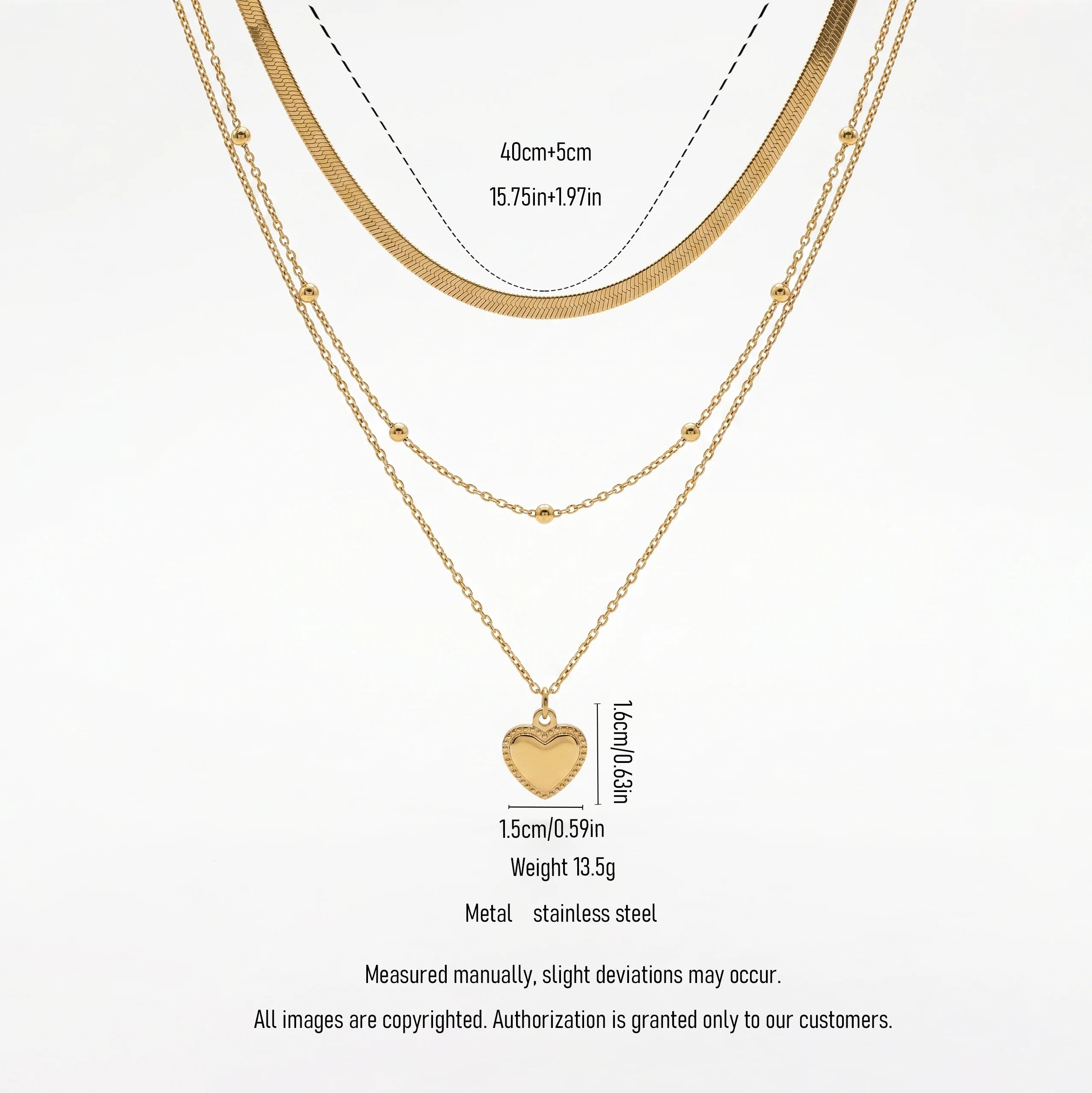 QIAOREN 12852 18K Gold Plated Layered Heart Necklace, Herringbone Snake Chain Beaded Pendant, Waterproof Stainless Steel Jewelry
